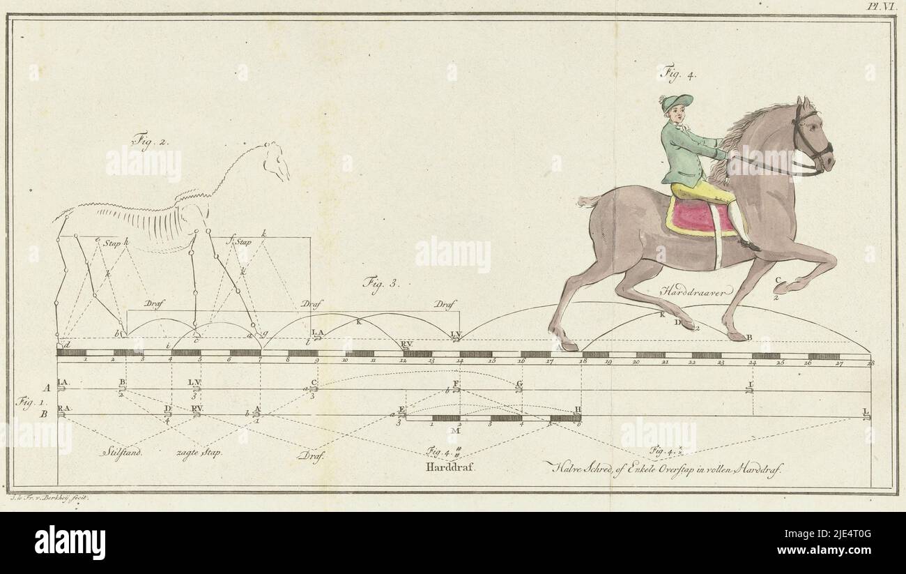 Bewegung des Pferdes von Schritt zu Trab mit Abständen auf Lineal geometrische Darstellung, wie und wie ein holländischer und friesischer Trab, von Schritt zu Trab, auf dem harten Trab landet, Druckerei: Johannes le Francq van Bekhey, (erwähnt auf Objekt), Leiden, 1739 - 1812, Papier, Gravur, H 182 mm × B 280 mm Stockfoto