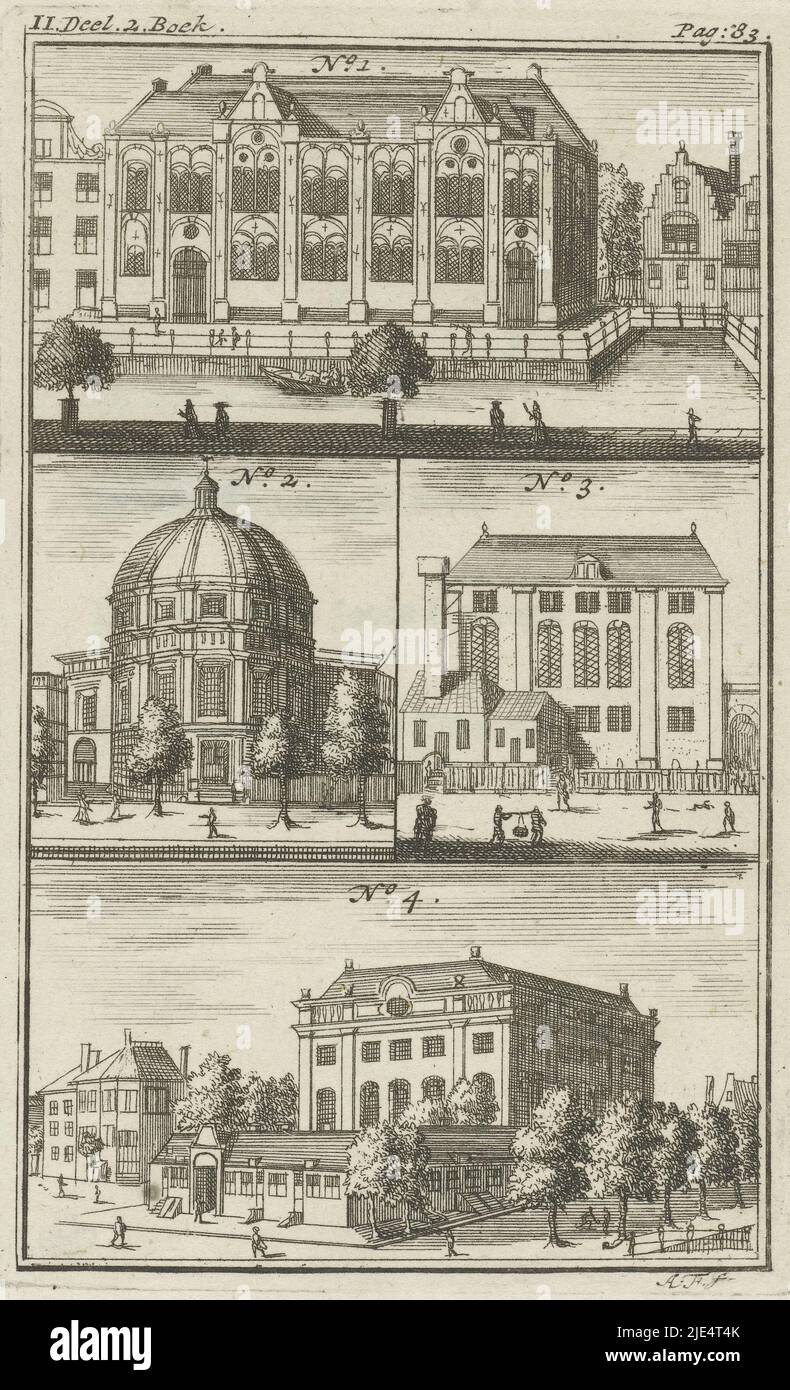 Vier nummerierte Kirchen und Synagogen in Amsterdam: Lutherische Kirche, Neue Lutherische Kirche, Aschkenazi-Synagoge, Portugiesische Synagoge. Die Gebäude sind auf dem beiliegenden Textblatt erläutert. Drucke oben links und rechts: II Teil. 2. Buch - Seite 83., vier verschiedene Kirchen und Synagogen in Amsterdam., Druckerei: Anna Folkema, (auf Objekt erwähnt), 1723, Papier, Radierung, H 129 mm × B 81 mm Stockfoto