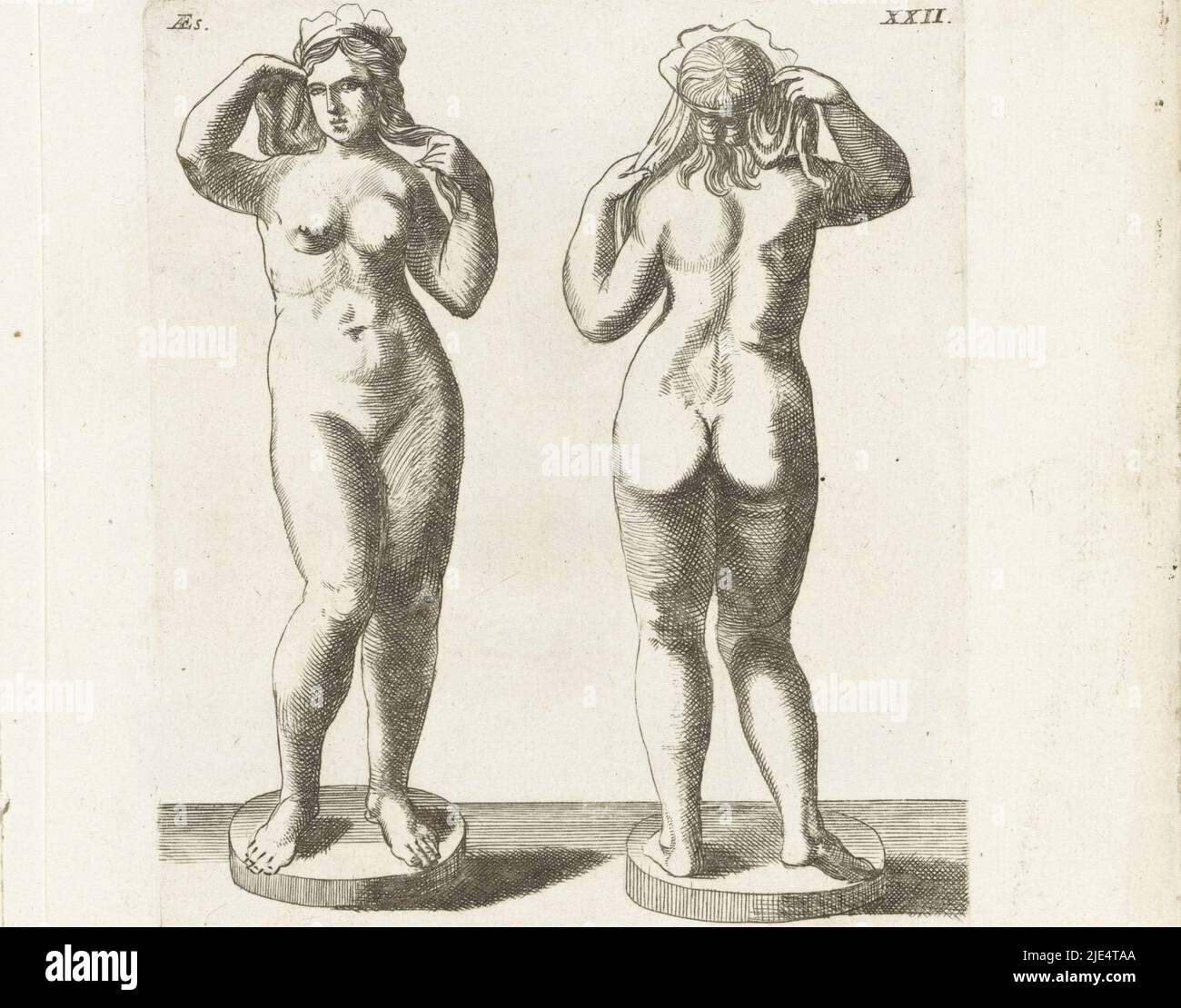 Vorder- und Rückansicht einer Venus-Statue. Unter der Szene das vierzeilige, lateinische Epigramm Nr. 206 über die Geburt der Venus durch Ausonius. Oben rechts die Zahl 22 in römischen Ziffern, Vorder- und Rückansicht einer Venusstatue., Druckerei: Maria de Wilde, (auf Objekt erwähnt), Decimus Magnus Ausonius, (auf Objekt erwähnt), Amsterdam, 1700, Papier, Radierung, H 169 mm × B 132 mm Stockfoto