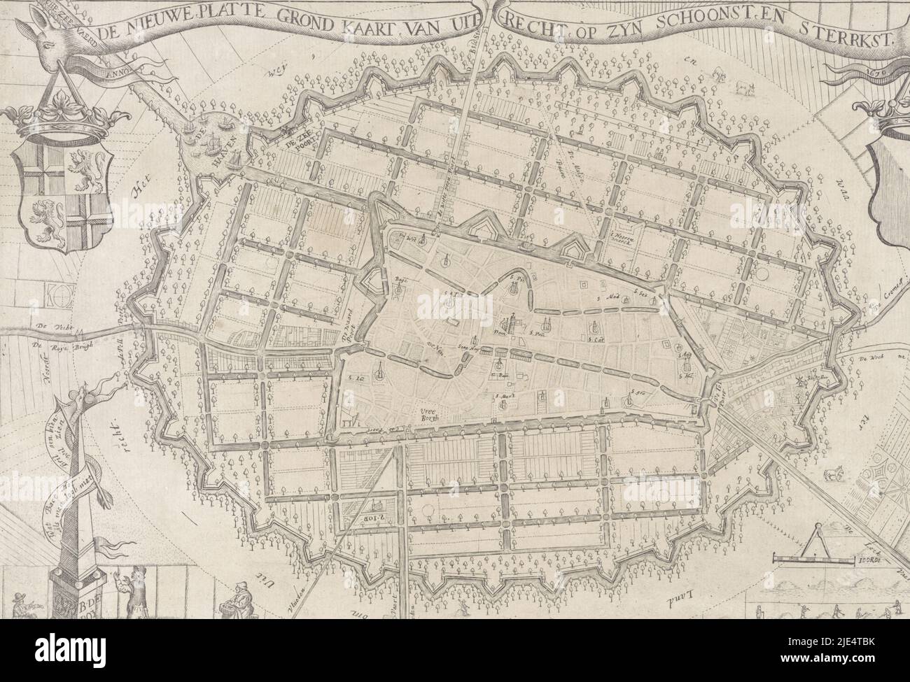 In der Mitte die Karte von Utrecht mit dem Titel in einer Banderole darüber. Links auf der Karte das Wappen der Provinz Utrecht und rechts das Stadtwappen. Unten links ein Obelisk mit den Namen von zwei Machern und eine Banderole mit dem Text: Wat Baet Het Bril aen biên. Wenn Sie nicht wollen, Dogh zu sehen. Unten rechts ein Schalenstab: 100 Roe[den]. Unten rechts: Fol. 26., Karte der Stadt Utrecht, anno 1670 die neue flache Bodenkarte von Uit-recht op zyn schoonst und sterrkst., Druckerei: Anthonie de Winter, (auf Objekt erwähnt), Everard Meyster, (auf Objekt erwähnt), Bernard Stockfoto