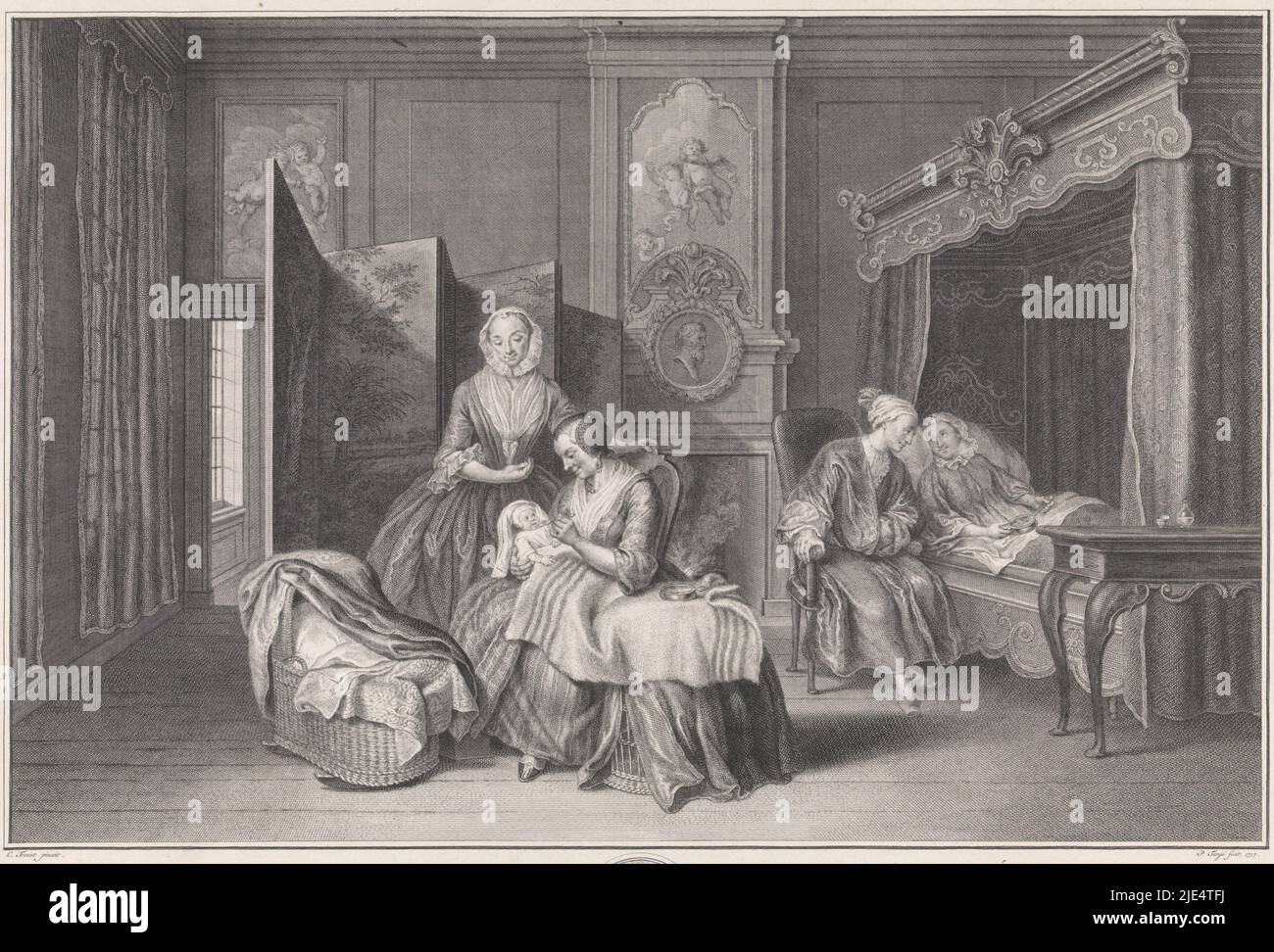 Im Kinderzimmer füttert ein Minus das Baby, während eine andere Frau zuschaut. Rechts liegt die Mutter in einem Himmelbett. Neben ihr sitzt ihr Mann. Unten am Rand das Wappen von Johann Goll von Frankenstein, dem das Originalgemälde gehörte und dem der Druck gewidmet ist, niederländische Entbindungsstation die niederländische Entbindungsstation / Chambre d'acouchée hollandoise, Druckerei: Pieter Tanjé, (auf Objekt erwähnt), nach: Cornelis Troost, (erwähnt auf Objekt), Herausgeber: Pierre Fouquet, (Auf Objekt erwähnt), Amsterdam, 1757, Papier, Radierung, Gravur, H 381 mm × B 498 mm Stockfoto