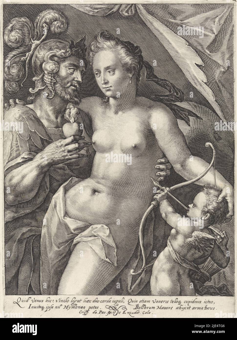 Mars und Venus als Liebhaber. Mars bietet der Venus sein flammendes Herz. Venus wird von Amor begleitet, der seinen Pfeil auf das Herz der Venus zeigt. Am Rand eine vierzeilige Beschriftung in zwei Spalten, in lateinischer Sprache, die sich auf die Liebe zwischen Mars und Venus bezieht. Druck aus einer Serie mit Göttern und Göttinnen als Geliebte, Mars- und Venus-Göttern und Göttinnen als Geliebte (Serientitel)., Druckerei: Crispijn van de Passe (I), (erwähnt auf Objekt), Crispijn van de Passe (I), (erwähnt auf Objekt), Verlag: Crispijn van de Passe (I), (erwähnt auf Objekt), Köln, 1589 - 1611, Papier, Gravur, H 242 mm × B 176 mm Stockfoto