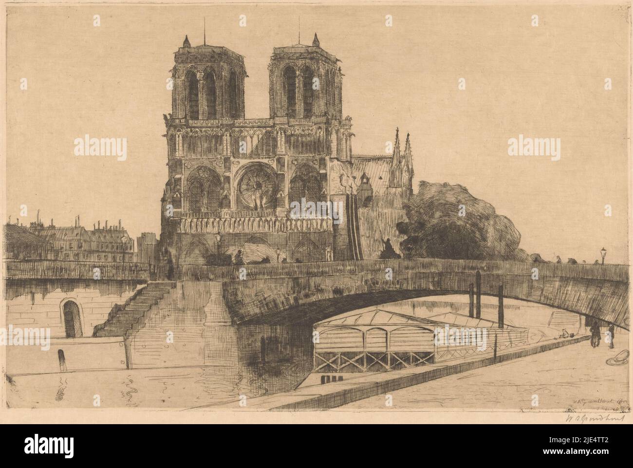 Die Notre-Dame in Paris, vom Quai de Montebello aus gesehen. Im Vordergrund die seine, die unter der Pont au Double fließt, Notre-Dame, Paris (Originaltitel)., Druckerei: Willem Adrianus Grondhout, (signiert vom Künstler), 1888 - 1934, Papier, Radierung, H 262 mm × B 402 mm Stockfoto