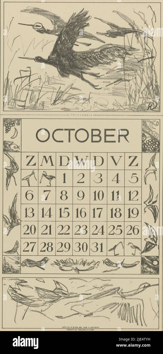 In den Ecken die Positionen des Mondes an vier Tagen. Oben auf dem Blatt eine Teelinie, Kalender Oktober mit Zugvögeln Kalender 1918 12 Lithographien von Th. v. Hoytema (Serientitel), Druckerei: Theo van Hoytema, (auf Objekt erwähnt), Druckerei: Tresling & Comp., (auf Objekt erwähnt), Verlag: Firma Ferwerda en Tieman, Druckerei: Voorburg, Druckerei: Amsterdam, Verlag: Amsterdam, 1917, Papier, H 420 mm × B 210 mm Stockfoto