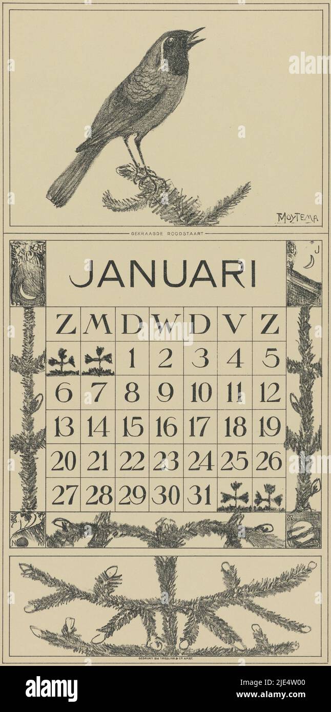 Im Zierrand und am Boden der Kiefernäste. In den Ecken die Positionen des Mondes an vier Tagen. Unter dem Jahr eine Teelinie, Kalenderblatt Januar mit colared Rotstart Kalender 1918 12 Lithographien von Th. v. Hoytema (Serientitel), Druckerei: Theo van Hoytema, (auf Objekt erwähnt), Drucker: Tresling & Comp., (auf Objekt erwähnt), Verlag: Firma Ferwerda en Tieman, Druckerei: Voorburg, Drucker: Amsterdam, Verlag: Amsterdam, 1917, Papier, H 475 mm × B 210 mm Stockfoto