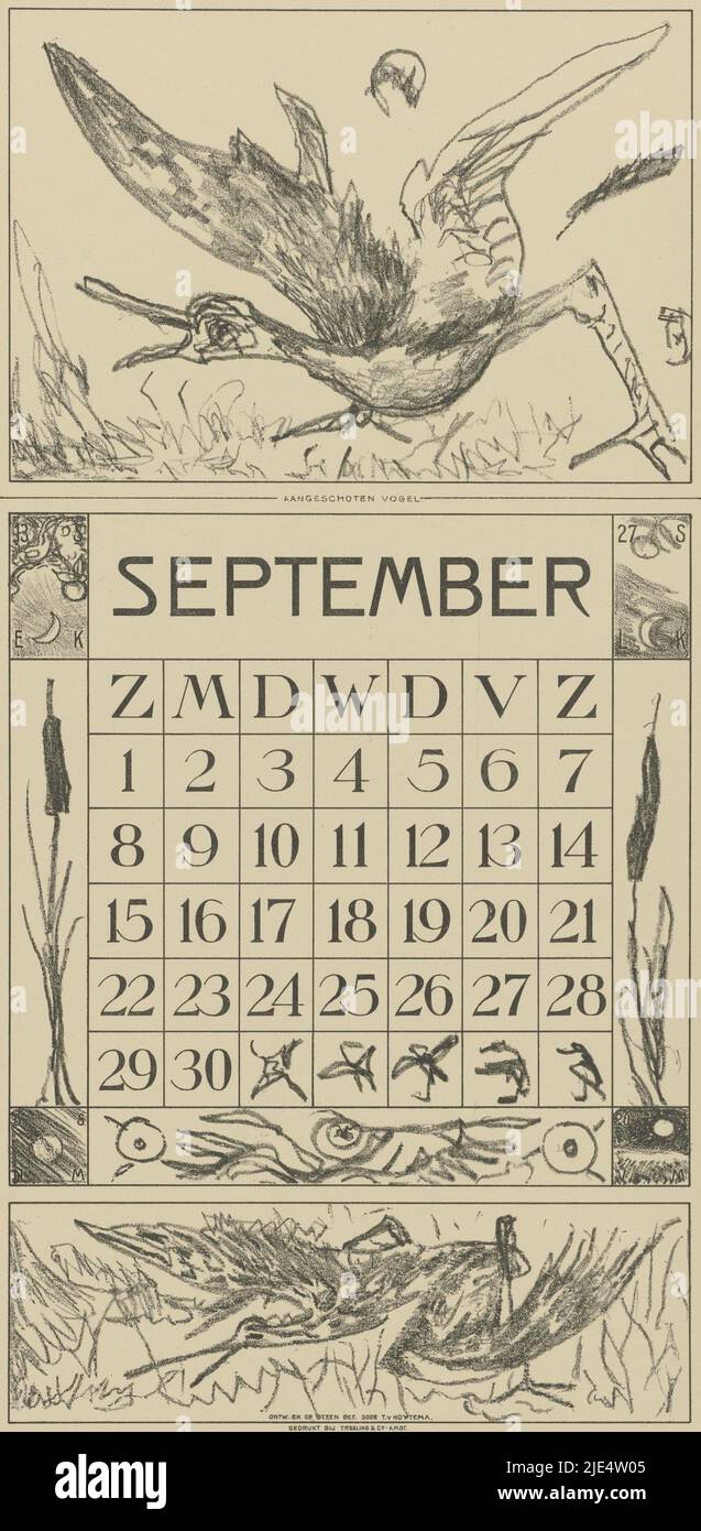 Links und rechts vom Kalendarium zwei große Lisdoden. In den Ecken die Positionen des Mondes an vier Tagen. Oben auf dem Blatt eine Teelinie, Kalenderblatt September mit Vogel am Himmel Kalender 1918 12 Lithographien von Th. v. Hoytema (Serientitel), Druckerei: Theo van Hoytema, (auf Objekt erwähnt), Druckerei: Tresling & Comp., (auf Objekt erwähnt), Verlag: Firma Ferwerda en Tieman, Druckerei: Voorburg, Druckerei: Amsterdam, Herausgeber: Amsterdam, 1917, Papier, H 420 mm × B 210 mm Stockfoto