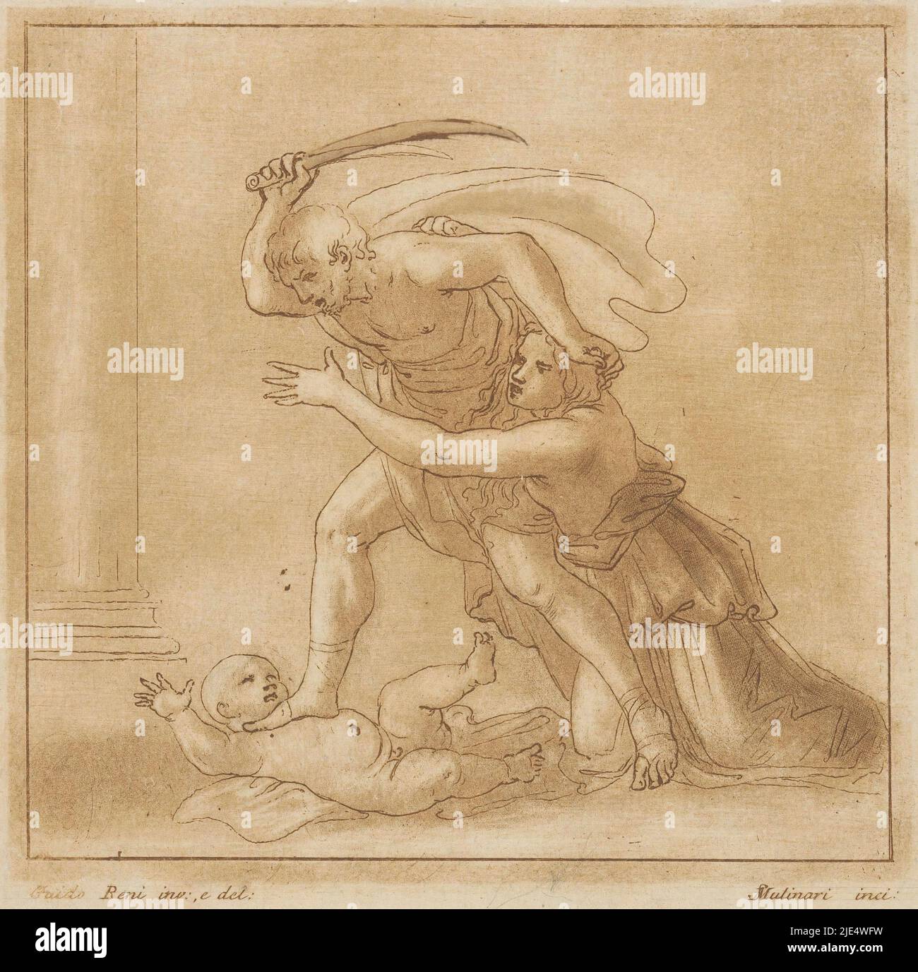 Ein Soldat des Herodes mit gezogenem Schwert tritt mit dem Fuß auf ein Kind, das vor ihm auf dem Boden liegt. Eine verzweifelte Mutter versucht, ihn zu stoppen, Kindsmord in Bethlehem., Druckerei: Stefano Mulinari, (auf Objekt erwähnt), nach: Nicolas Poussin, Zeichner: Guido Reni, (abgelehnte Zuschreibung), Druckerei: Italien, nach: Rom, Zeichner: Italien, c. 1751 - c. 1790, Papier, Radierung, H 184 mm - B 183 mm Stockfoto