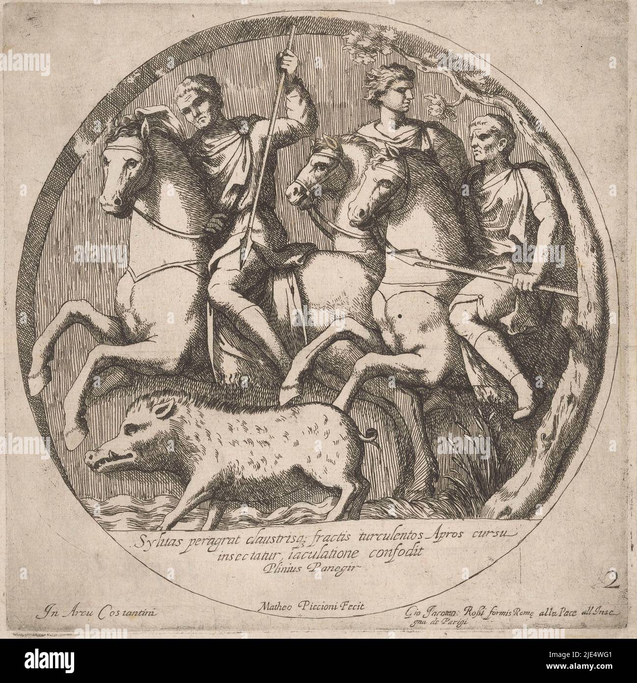 Medaillon mit Flachrelief auf dem Konstantinsbogen in Rom. Drei Männer auf dem Pferderücken jagen ein Wildschwein. Unten im Medaillon ein dreizeiliger Text in lateinischer Sprache. Nummeriert unten rechts: 2., Jagd auf ein Wildschwein Bas-Reliefs auf dem Konstantinsbogen (Serientitel)., Druckerei: Matteo Piccioni, (Objektbezeichnung), Verleger: Giovanni Giacomo de'Rossi, (Objektbezeichnung), Anonym, (Objektbezeichnung), Druckerei: Italien, Verlag: Rome, Rome, 1637 - 1691, Papier, Radierung, H 222 mm × B 220 mm Stockfoto