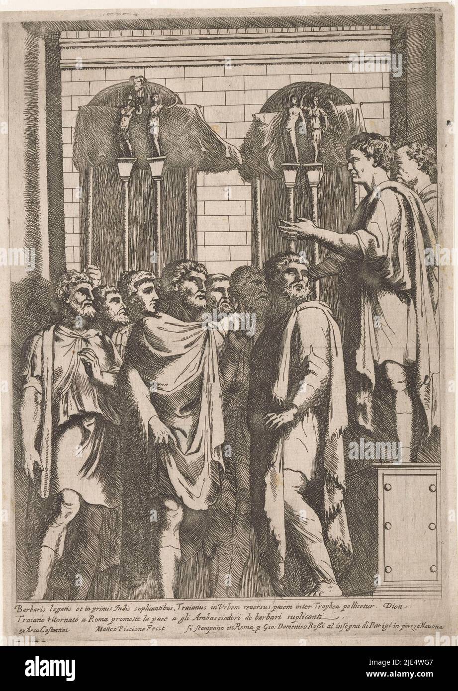 Der römische Kaiser Trajan ist nach Rom zurückgekehrt und verspricht einer Gruppe von Abgesandten der Barbaren Frieden. Im unteren Rand eine Zeile lateinischer und eine Zeile italienischer Texte verspricht Trajan Frieden Bas-Reliefs auf dem Konstantinsbogen (Serientitel)., Druckerei: Matteo Piccioni, (Objektbezeichnung), Verleger: Giovanni Domenico de'Rossi, (Objektbezeichnung), anonym, (Objektbezeichnung), Druckerei: Italien, Verlag: Rome, Rome, c. 1625 - 1671, Papier, Radierung, H 273 mm × B 191 mm Stockfoto