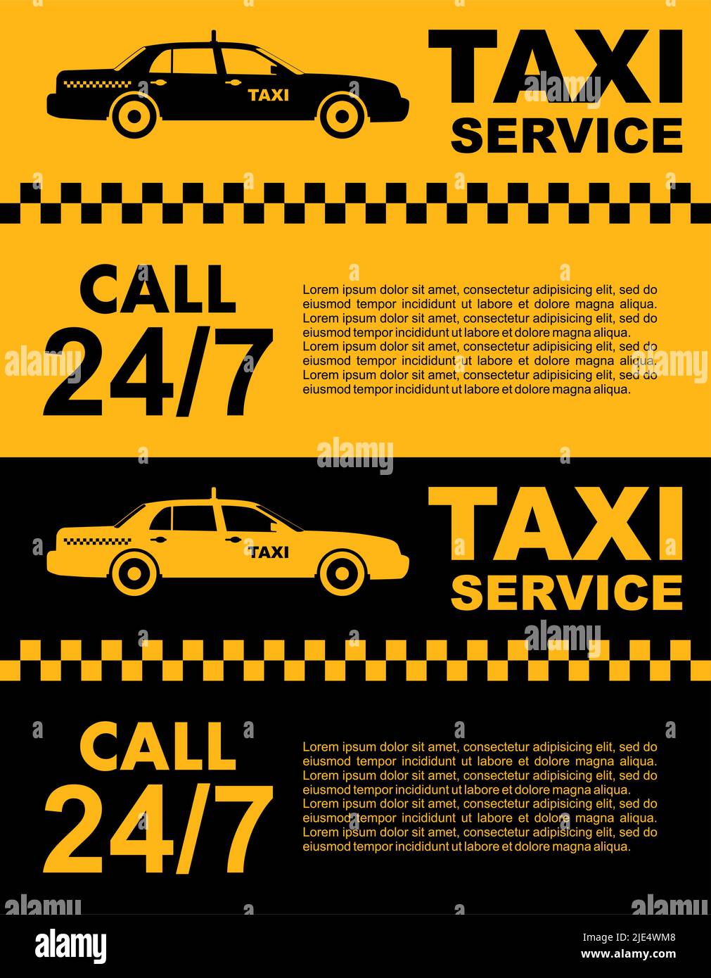 Taxi Service Konzept. Vector gelb und schwarz Banner, Poster oder Flyer. Taxi-Service. Silhouette eines Taxiwagens. Stock Vektor
