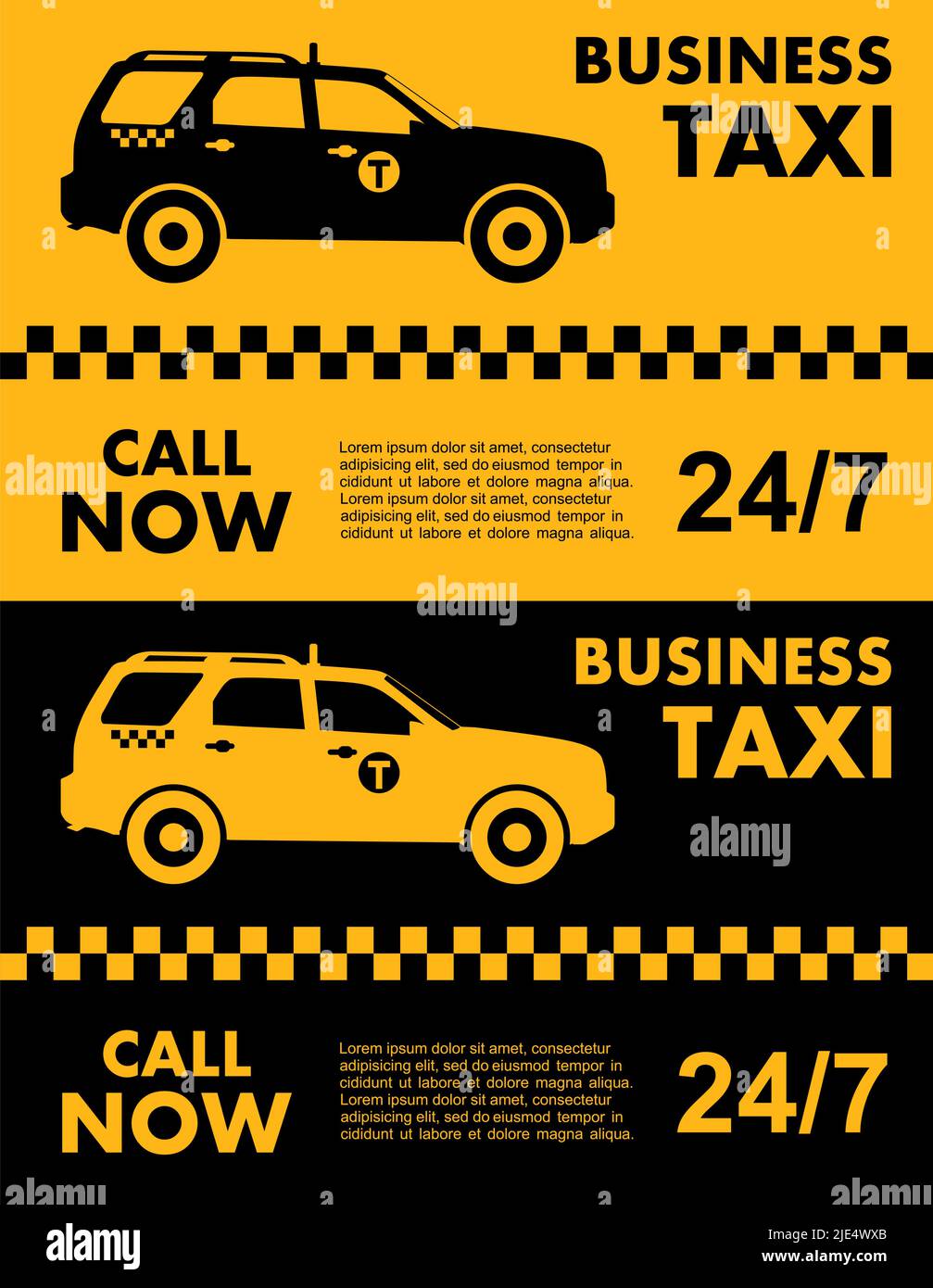 Business Taxi Service Design auf gelbem und schwarzem Hintergrund. Silhouette eines Taxiwagens. Vektorgrafik flach. Stock Vektor