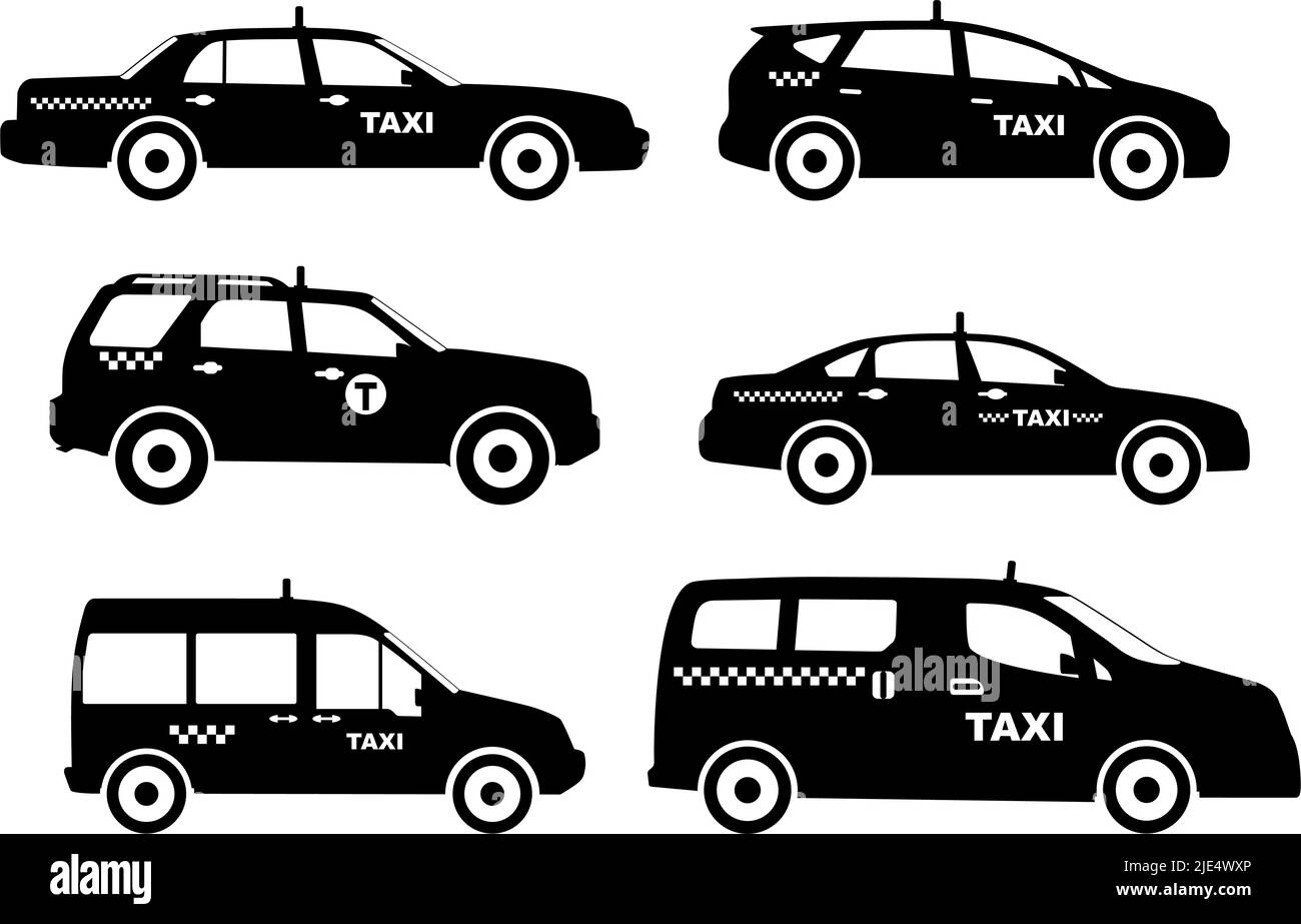 Satz von verschiedenen Silhouetten Taxi Autos. Vektorgrafik Stock Vektor