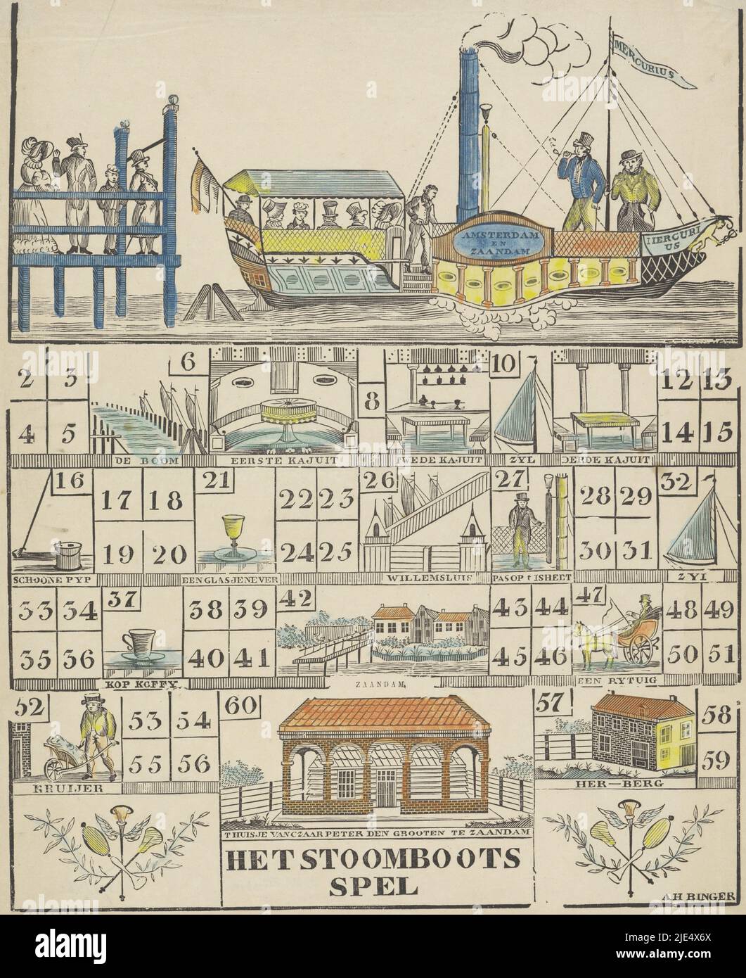 Brettspiel mit Boxen nummeriert von 2 bis 60. Oben eine Darstellung eines Dampfschiffes namens Merkur. Das Boot fährt zwischen Amsterdam und Zaandam auf und ab. Bilder von Objekten, Gebäuden und Figuren in verschiedenen Boxen. In der Mitte unter dem Titel, die Dampfschiffe / Spiel., Druckerei: Aron Hijman Binger, (auf Objekt erwähnt), Verlag: P.A. de Jong, (auf Objekt erwähnt), Amsterdam, 1825 - 1845, Papier, H 485 mm × B 400 mm Stockfoto