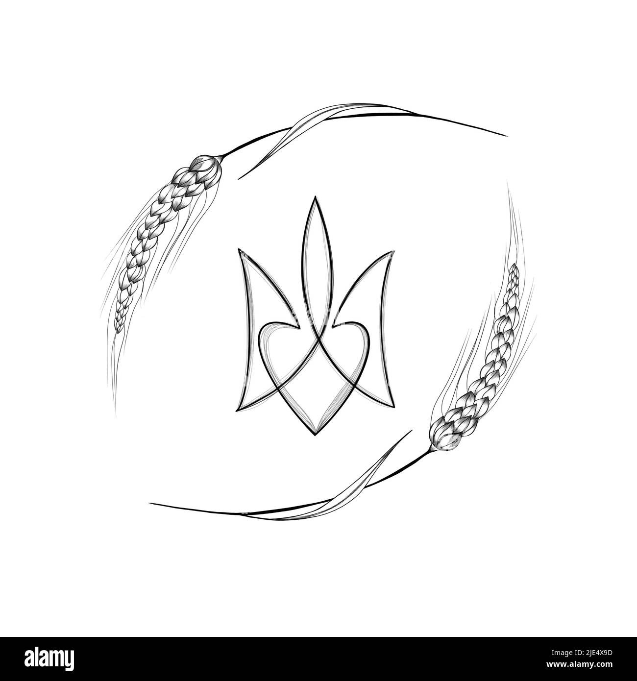 Nationales Emblem der Ukraine mit Ähren aus Weizen. Ukrainische rationale Farben gelb-blaues Wappen der ukraine, Weizenohr, gelb-blau, Krieg in ukrain Stockfoto