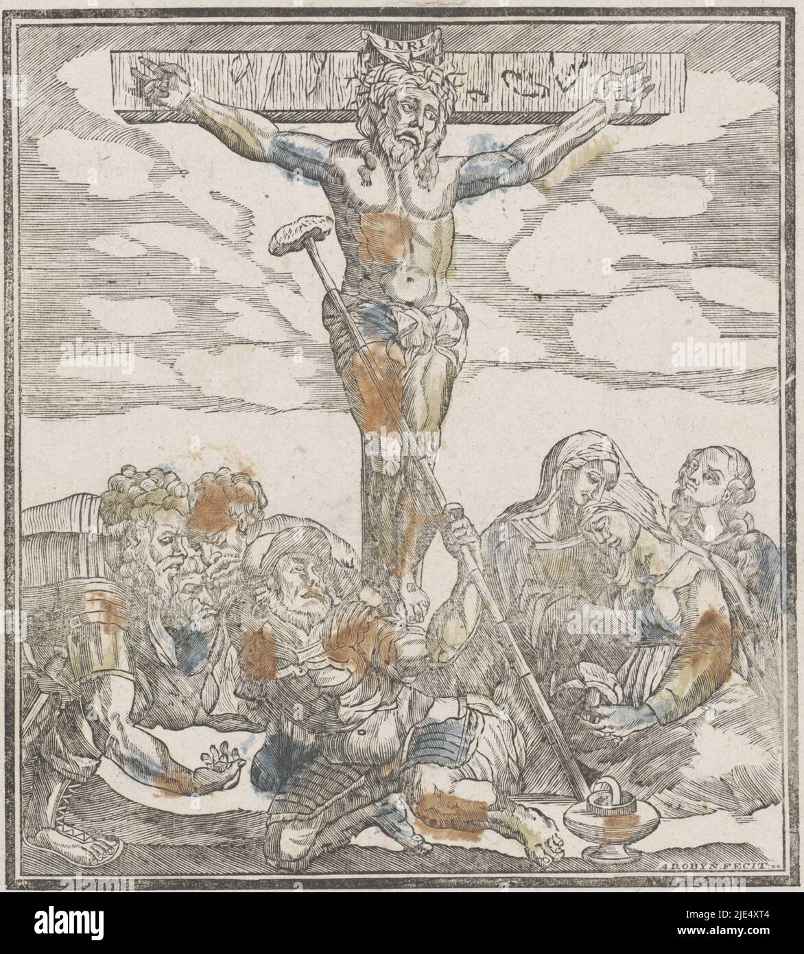 Der gekreuzigte Christus auf Golgatha. Unter dem Kreuz liegen Maria und Maria Magdalena. Christus wird ein Schwamm mit saurem Wein angeboten. Unten links vom Kreuz spielen Soldaten Würfel für das Gewand Christi. Unter der Darstellung ein Vers in zwei Spalten. Rechts oben nummeriert: Nr. 91., so musste der Prinz des Lebens auf Golgatha sterben, / um ewiges Leben für die Heiligen zu erwerben (...)., Druckerei: A. Robyn, (auf Objekt erwähnt), Verlag: Erven weduwe Cornelis Stichter, (auf Objekt erwähnt), Druckerei: Niederlande, Verlag: Amsterdam, 1731 - 1797, Papier, Buchdruck Stockfoto