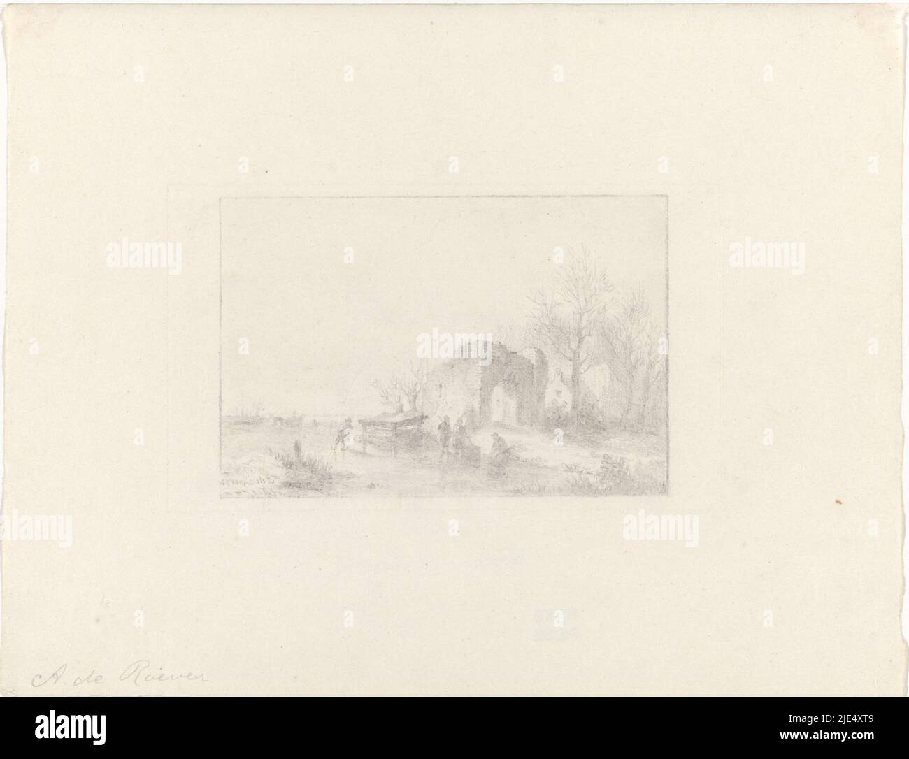 Blick auf eine Winterlandschaft mit einigen Skatern. Rechts Ruine und Haus, Winterlandschaft, Druckerei: Andries de Roever, (auf Objekt erwähnt), Amsterdam, 1832 - 1894, Papier, H 92 mm × B 156 mm Stockfoto