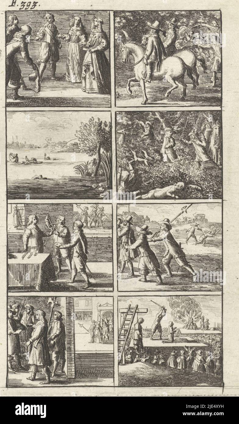 Geschichte in acht Szenen mit einigen Szenen von Mord und Todesstrafe. Unter anderem von Männern, die einen Fluss ertrinken, einem Kampf im Wald, einer Enthauptung und einer Person auf einem Scheiterhaufen. Oben links: F. 393., Geschichte mit Szenen von Mord und Todesstrafe., Druckerei: Abraham Dircksz. Santvoort, Verlag: Gerrit van Goedesberg, Druckerei: Niederlande, Verlag: Amsterdam, 1667, Papier, Ätzung, H 155 mm × B 94 mm Stockfoto