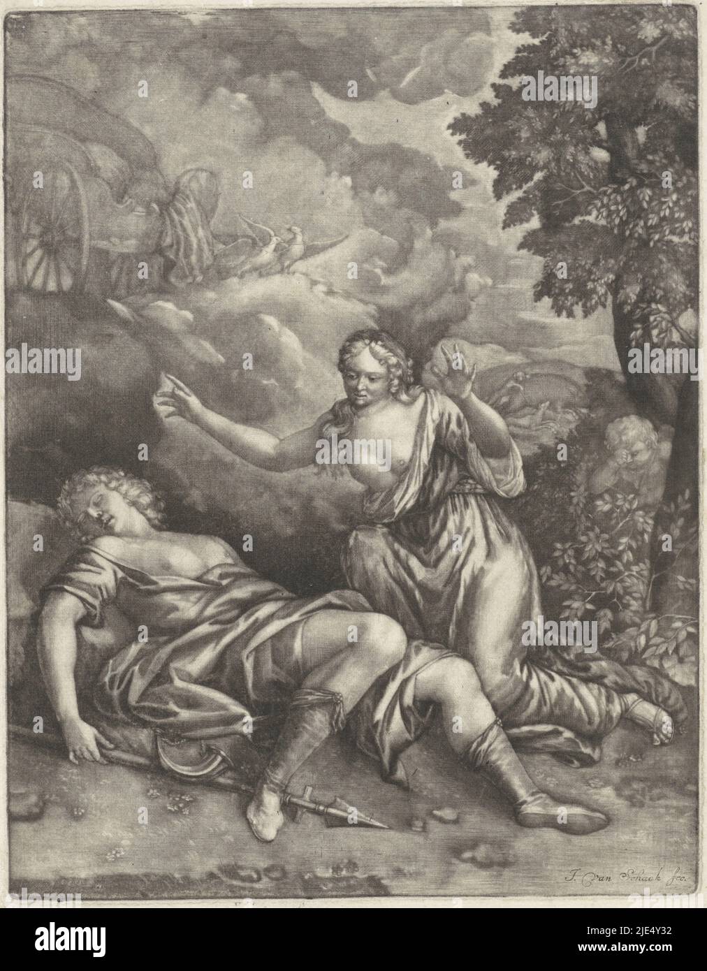 Venus kniet bei Addis nieder. Ihr leerer Wagen wartet in den Wolken, Venus und Adonis, Druckerei: Jeremias van Schaak, (auf Objekt erwähnt), Nordniederland, 1690 - 1727, Papier, H 234 mm × B 183 mm Stockfoto