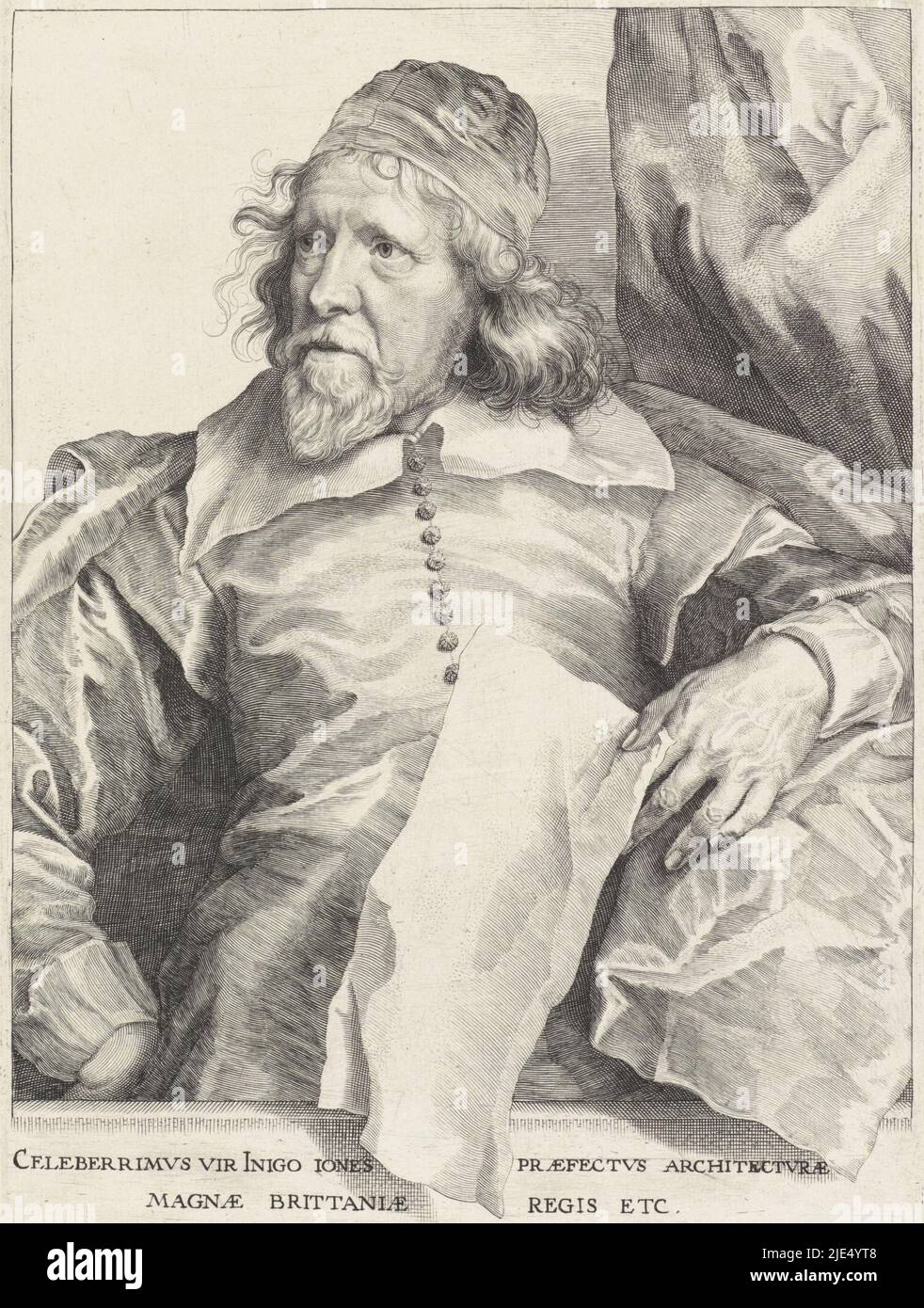 Portet vom englischen Architekten Inigo Jones. In seiner Hand ein Blatt Papier, Portrait of Inigo Jones., Druckerei: Robert van Voerst, (erwähnt auf Objekt), nach: Anthony van Dyck, (erwähnt auf Objekt), unbekannt, (erwähnt auf Objekt), London, 1627 - 1636, Papier, Gravur, H 263 mm × B 176 mm Stockfoto