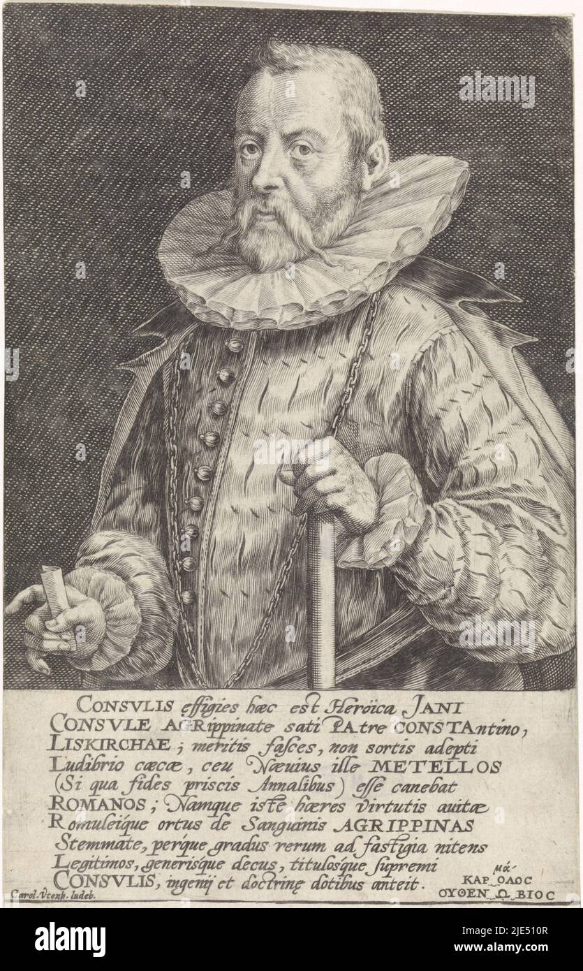 Porträt des Kölner Bürgermeisters Johann von Lyskirchen. Am Rand ein zehnzeiliger Lobgedicht auf Latein. Unten rechts ein griechisches Motto, Portrait von Johann von Lyskirchen., Druckerei: Crispijn van de Passe (I), Karel van Utenhove, (erwähnt auf Objekt), Köln, 1589 - 1611, Papier, Gravur, H 184 mm × B 105 mm Stockfoto