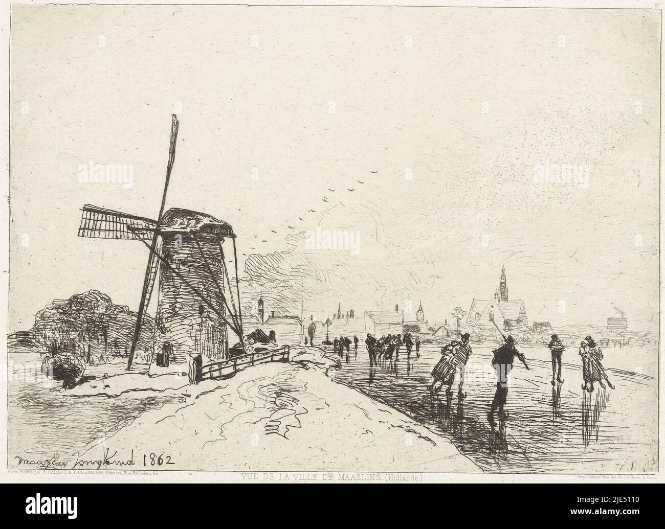 Wasserableiter auf dem Eis eines Kanals, auf dem eine Windmühle steht. In der Ferne das Profil einer Stadt (Maassluis), Ansicht von Maassluis Vue de la ville de Maaslins (Hollande)., Druckerei: Johan Barthold Jongkind, (auf Objekt erwähnt), Drucker: Auguste Delâtre, (auf Objekt erwähnt), Verlag: A. Cadart & F. Chevalier, (auf Objekt erwähnt), Paris, 1862, Papier, Ätzung, H 235 mm × B 322 mm Stockfoto