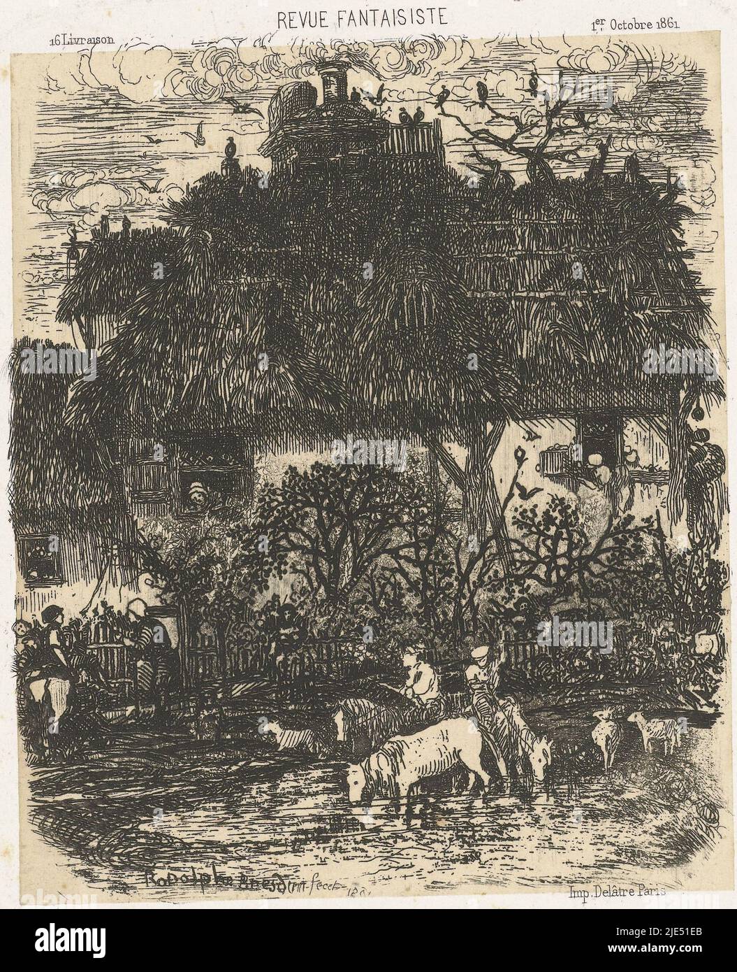 Bauernhaus auf einer unbefestigten Straße gelegen. Auf dem Strohdach befindet sich ein Taubenschlag. In der Nähe einer Wasserpfütze im Vordergrund ließen zwei Reiter ihre Schafe und Pferde trinken. Über der Performance ist der Text Revue Fantaisiste, Farm on a dirt Road La ferme couverte de chaume., Druckerei: Rodolphe Bresdin, (erwähnt auf Objekt), Rodolphe Bresdin, 1-Oct-1861 und/oder 1861 Stockfoto