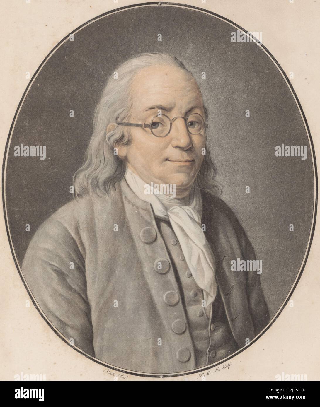 Porträt von Benjamin Franklin, einem der Gründerväter der Vereinigten Staaten, im Oval, Porträt von Benjamin Franklin Franklin Franklin, Collection des Grands hommes (Serientitel), Druckerei: Pierre Michel Alix, (Objektbezeichnung), nach: Louis Michel van Loo, (Objektbezeichnung), Verlag: Marie François Drouhin, (auf Objekt erwähnt), Druckerei: Frankreich, Verlag: Paris, 1793 - 1795, Papier, H 379 mm × B 286 mm Stockfoto