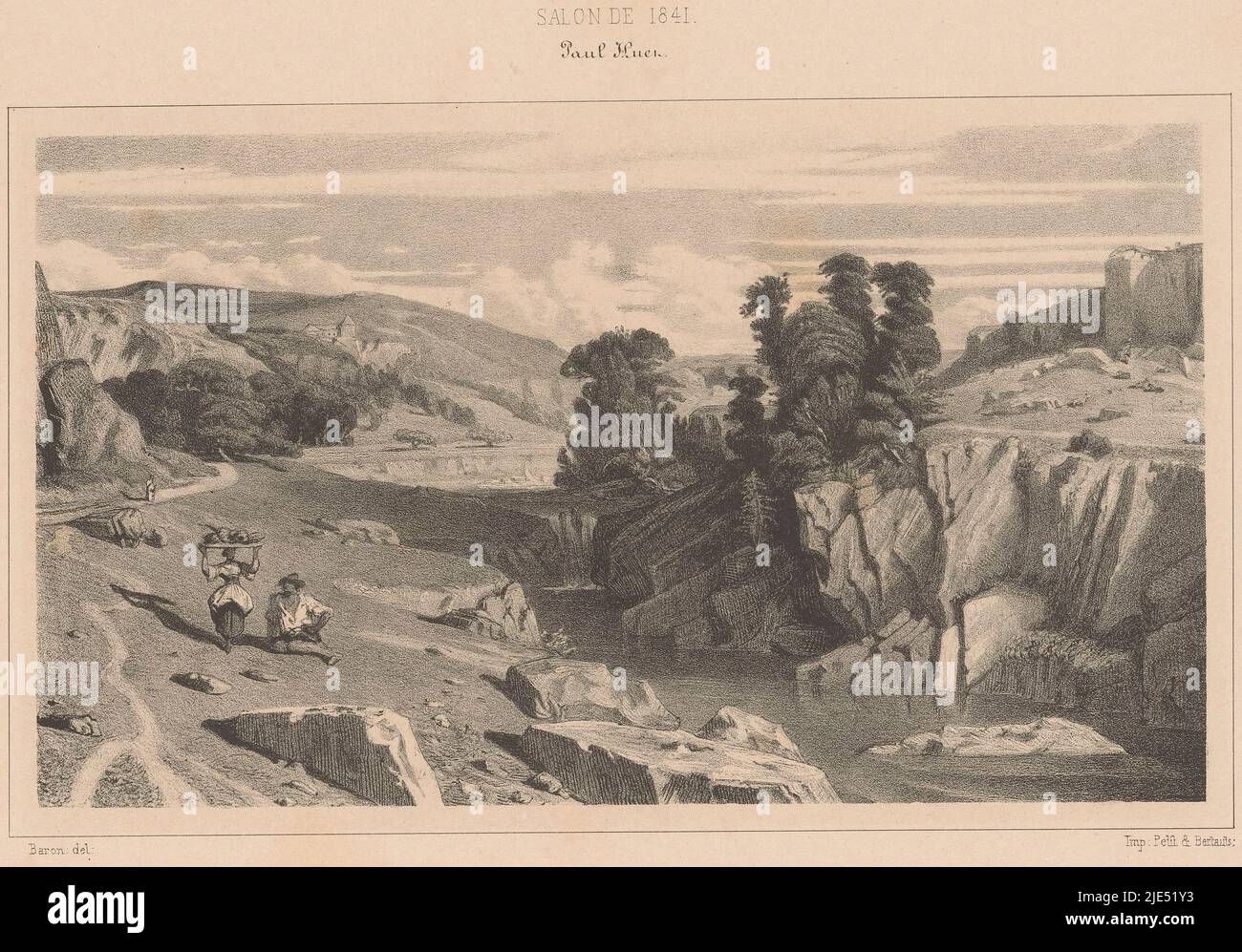 Italienische Landschaft mit Gebirgsbach UN torrent (Italien), Druckerei: Henri Charles Antoine Baron, (auf Objekt erwähnt), nach: Paul Huet, (auf Objekt erwähnt), Drucker: Petit & Bertauts, (auf Objekt erwähnt), Paris, 1841, Papier, H 229 mm - B 298 mm Stockfoto