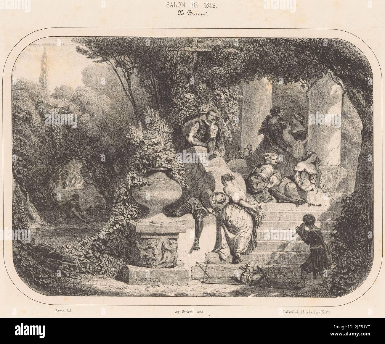 Betriebsruhe in der Mittagssonne in einem italienischen Garten Une sieste en Italie, Druckerei: Henri Charles Antoine Baron, (auf Objekt erwähnt), Henri Charles Antoine Baron, (auf Objekt erwähnt), Drucker: Victor Jacques Bertauts, (auf Objekt erwähnt), Paris, 1842, Papier, H 229 mm - B 298 mm Stockfoto