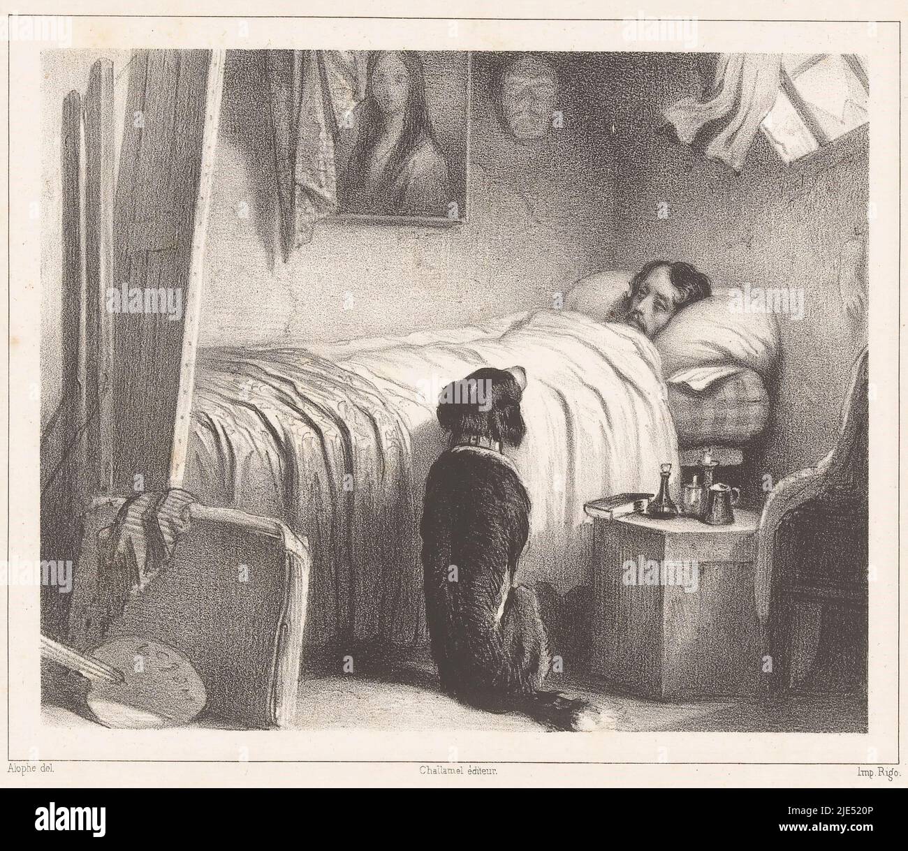 In einem kleinen Raum liegt ein armer Maler, begleitet von seinem Hund, auf seinem Sterbebett. Er wirft einen letzten Blick auf die Leinwand, die er nie vervollständigen wird, und bedauert sein Schicksal., Sterbebett eines armen Malers Le dernier bedauern, Druckerei: Marie Alexandre Alophe, (erwähnt auf Objekt), Drucker: Rigo, (erwähnt auf Objekt), Herausgeber: Augustin Challamel, (Auf Objekt erwähnt), Paris, 1844, Papier, H 231 mm - B 291 mm Stockfoto