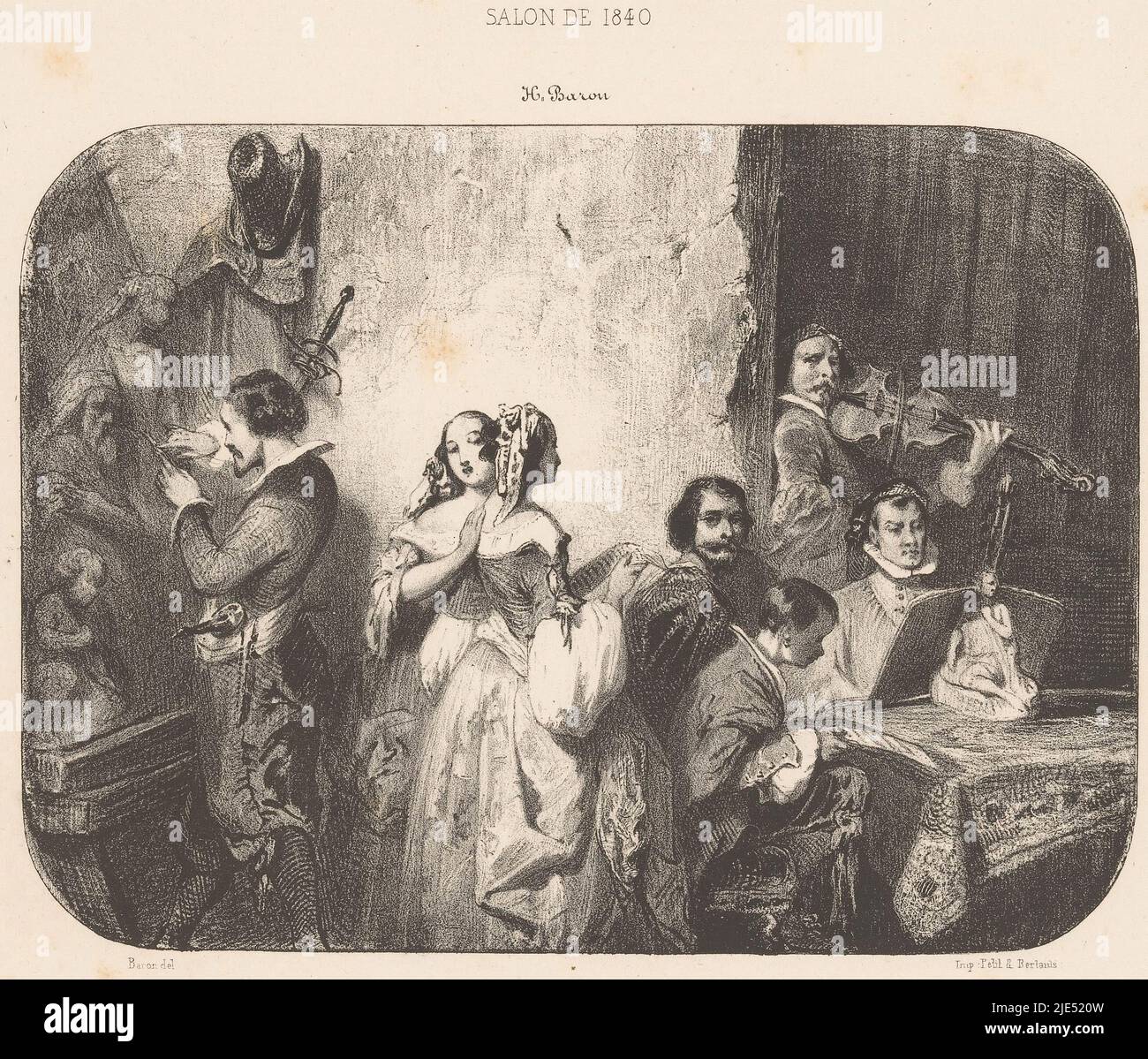 Eine Gruppe von Künstlern und Kunstliebhabern, die mit Lesen, Geigenspielen und Bildhauerei beschäftigt sind, Company im Atelier eines Bildhauers UN Studio de sculpteur, Druckerei: Henri Charles Antoine Baron, (auf Objekt erwähnt), Henri Charles Antoine Baron, (auf Objekt erwähnt), Drucker: Petit & Bertauts, (auf Objekt erwähnt), Paris, 1840, Papier, H 228 mm - B 295 mm Stockfoto