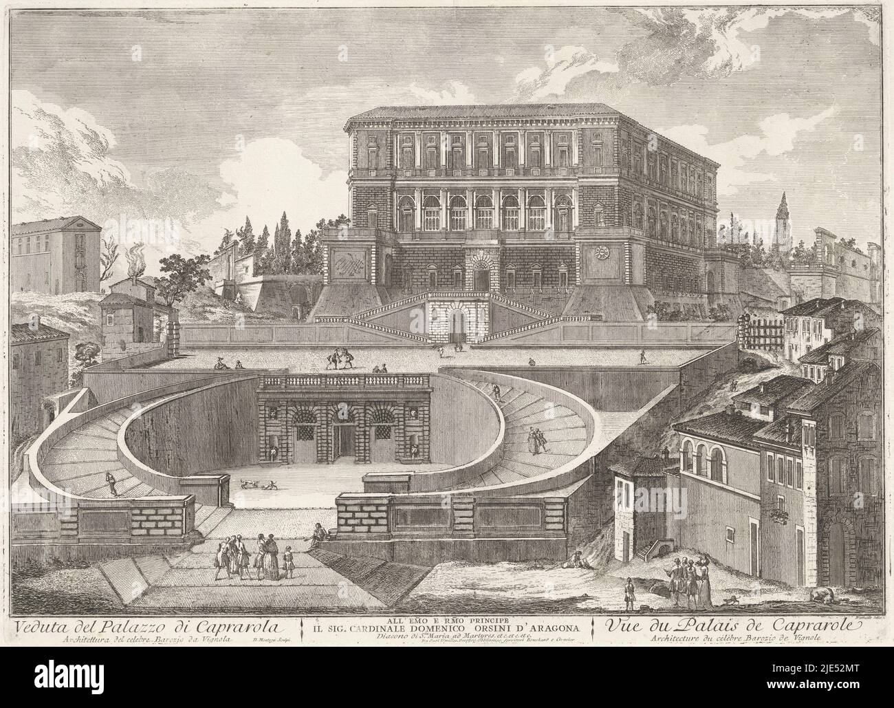 Blick auf die Villa Farnese, auch bekannt als Palazzo Farnese oder Villa Caprarola, eine monumentale italienische Villa in Caprarola, in der Provinz Viterbo. Titel und Text in französischer und italienischer Sprache und ein auftrag am unteren Rand, Villa Farnese in Caprarola Veduta del Palazzo di Caprarola / Vue du Palais de Caprarole., Druckerei: Domenico Montaigù, (auf Objekt erwähnt), Zeichner: Jean Barbault, (auf Objekt erwähnt), J. Bouchard & J.J. Gravier, (erwähnt auf Objekt), Italien, c. 1750 - c. 1799, Papier, Radierung, H 389 mm × B 538 mm Stockfoto Blick auf die Villa Farnese, auch bekannt als Palazzo Farnese oder Villa Caprarola, eine monumentale italienische Villa in Caprarola, in der Provinz Viterbo. Titel und Text in französischer und italienischer Sprache und ein auftrag am unteren Rand, Villa Farnese in Caprarola Veduta del Palazzo di Caprarola / Vue du Palais de Caprarole., Druckerei: Domenico Montaigù, (auf Objekt erwähnt), Zeichner: Jean Barbault, (auf Objekt erwähnt), J. Bouchard & J.J. Gravier, (erwähnt auf Objekt), Italien, c. 1750 - c. 1799, Papier, Radierung, H 389 mm × B 538 mm Stockfoto