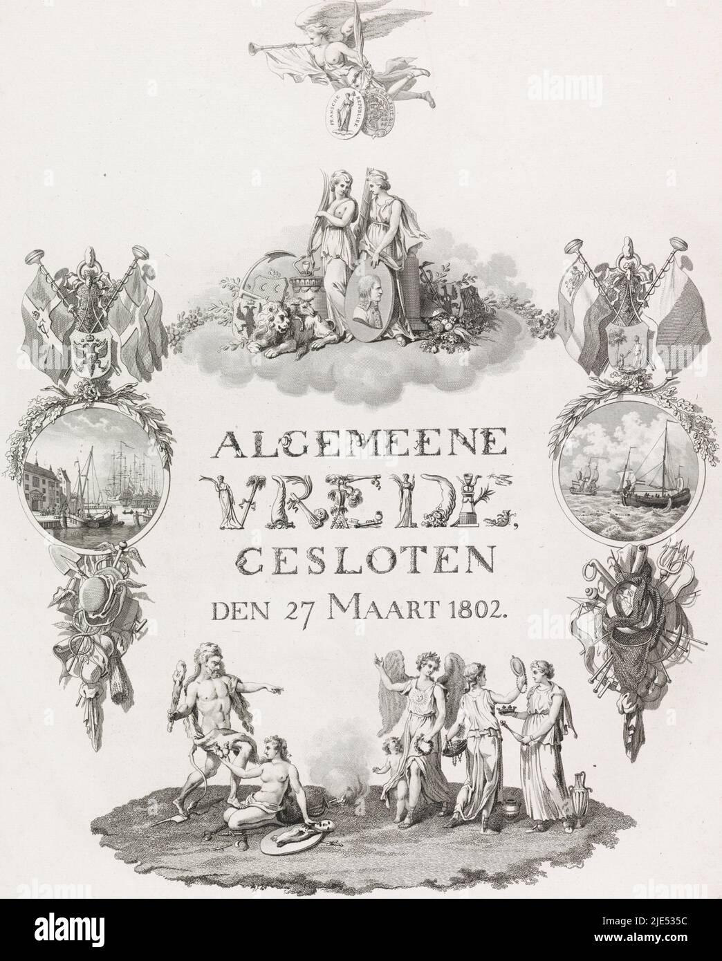 Die Allegorie des Friedens endete am 27. März 1802 in Amiens zwischen der Batavianischen Republik und Frankreich und Großbritannien. Über dem kalligraphischen Titel sind der Frieden und die Beständigkeit (mit einem Porträt Napoleons). Über dieser Gruppe fliegt The Fame mit dem Palmenzweig und den Armen der Französischen Republik und Großbritanniens. Am Ende besiegt die Stärke die Täuschung, und die Tugend weist den Reichtum und die Wissenschaft auf den Frieden hin. Auf den Seiten die Folgen des Friedens. Links die Blüte von Handel und Landwirtschaft, rechts die Heringsfischerei. Allegorie und Kalligraphie über den Frieden von Amiens, 1802 Stockfoto