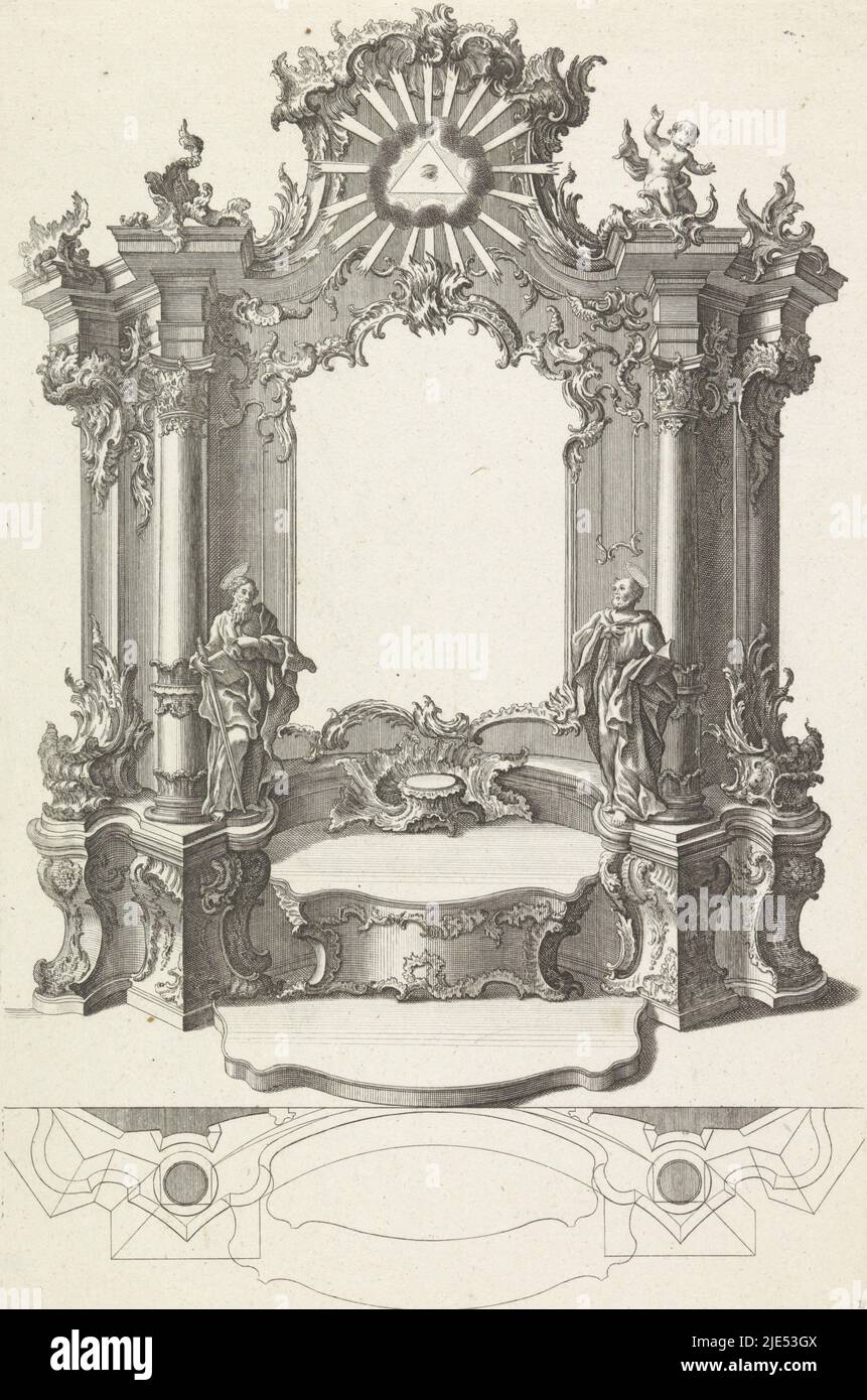 Entwurf und Plan des Altars mit Rocaille-Ornamenten. Links und rechts Paulus mit Schwert und Buch und Petrus mit Schlüssel. An der Spitze des allsehenden Auges, umgeben von Strahlen. Verlagsnummer 49., Altar mit Peter- und Paulentwürfen für Altäre (Serientitel), Druckerei: Anonym, Zwischenzeichner: Franz Xaver Habermann, (Objektbezeichnung), Verlag: Johann Georg Hertel (I), (Objektbezeichnung), Augsburg, 1740 - 1745, Papier, Gravur, H 329 mm × B 214 mm Stockfoto