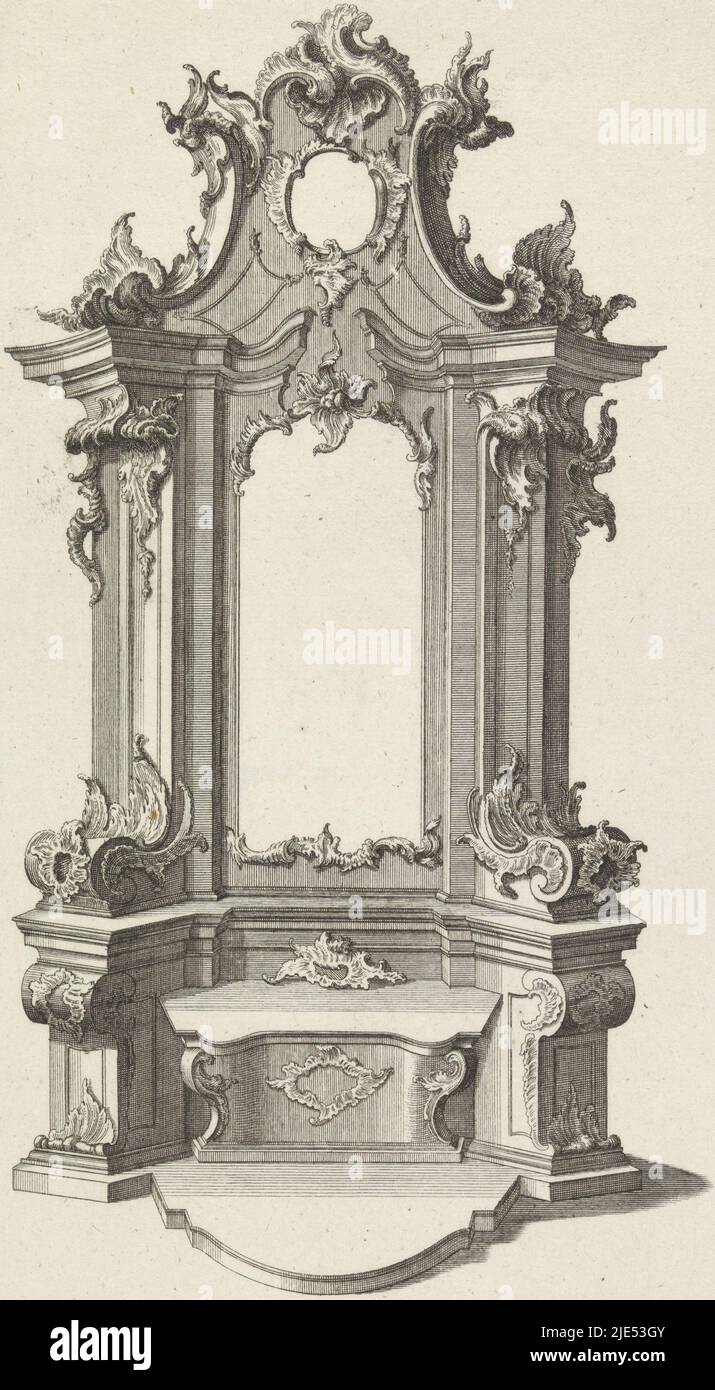 Entwurf und Plan des Altars mit Rocaille-Ornamenten. Verlagsnummer 49., Altarentwürfe (Serientitel), Druckerei: Anonym, Mittler Zeichner: Franz Xaver Habermann, (Objektbezeichnung), Verlag: Johann Georg Hertel (I), (Objektbezeichnung), Augsburg, 1740 - 1745, Papier, Gravur, H 330 mm × B 215 mm Stockfoto