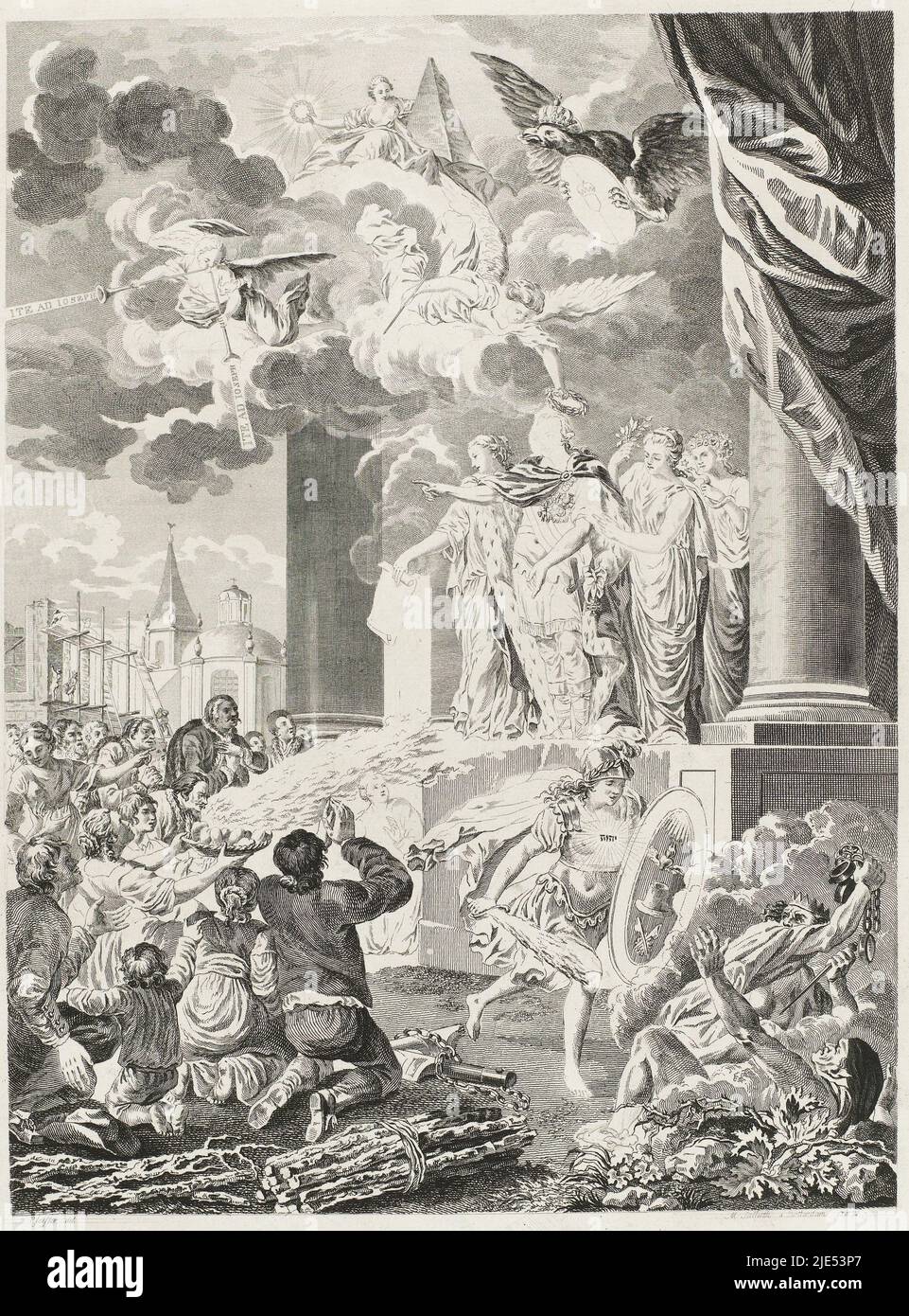 Allegorie des Joseph-II-Edikts über die Religionsfreiheit für Protestanten, März 1783. Der Kaiser steht auf der Plattform eines Tempels und wird vom Geist der Weisheit gekrönt. Neben dem Kaiser die Personifikationen von Toleranz, Güte und Prudence. (Ungarische) protestierende Untertanen knien vor dem Kaiser und bieten ihm ihr Herz in Dankbarkeit an. Rechts die Religionsfreiheit in Rüstung mit flammendem Schwert und Schild, auf dem 'Aurea libertas' abgebildet ist. Im Hintergrund eine evangelische Kirche im Bau, Gnade Kaiser Josephs II. An die Protestanten, 1783., Druckerei: Mathias de Stockfoto