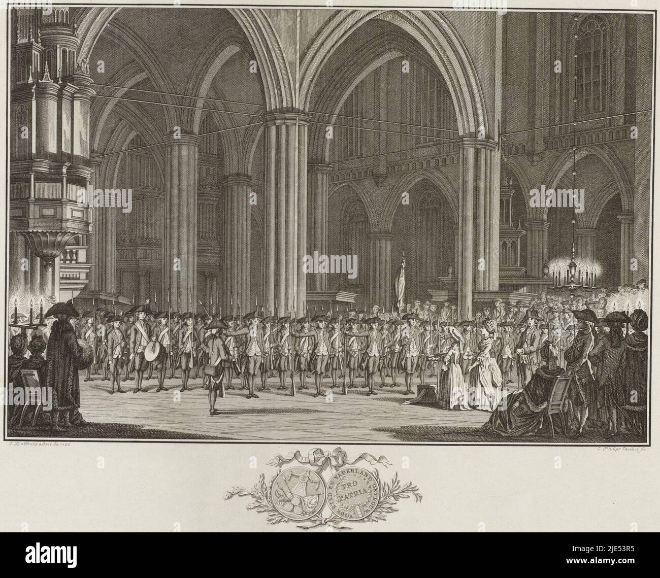 Treffen der Gesellschaft für die Ausübung des Waffenhandels Pro Patria in der Nieuwe Kerk in Amsterdam am 11. Februar 1786, wo Geschenke, die von einer Frau überreicht werden, empfangen werden. Am Rande einer Medaille der Gesellschaft, Society Pro Patria in der Nieuwe Kerk, 1786., Druckerei: Caspar Jacobsz. Philips, (auf Objekt erwähnt), Zeichner: Jan Bulthuis, (auf Objekt erwähnt), Druckerei: Nordniederland, Zeichner: Amsterdam, 1786, Papier, Radierung, Gravur, H 308 mm × B 395 mm Stockfoto