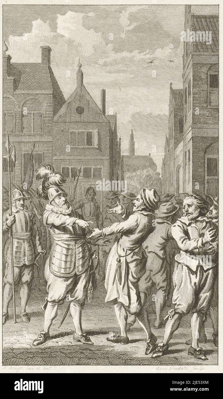 Hopman Johan van den Kornput, der Verteidiger von Steenwijk, beantwortet die Frage eines Metzgers über Lebensmittelknappheit während der Belagerung von Steenijk, 20. November 1580, mutige Antwort von hopman Johan van den Kornput, dem Verteidiger von Steenwijk, 1580., Druckerei: Reinier Vinkeles (I), (auf Objekt erwähnt), Zeichner: Jacobus Buys, (auf Objekt genannt), Niederlande, 1788, Papier, Ätzung, H 234 mm × B 153 mm Stockfoto