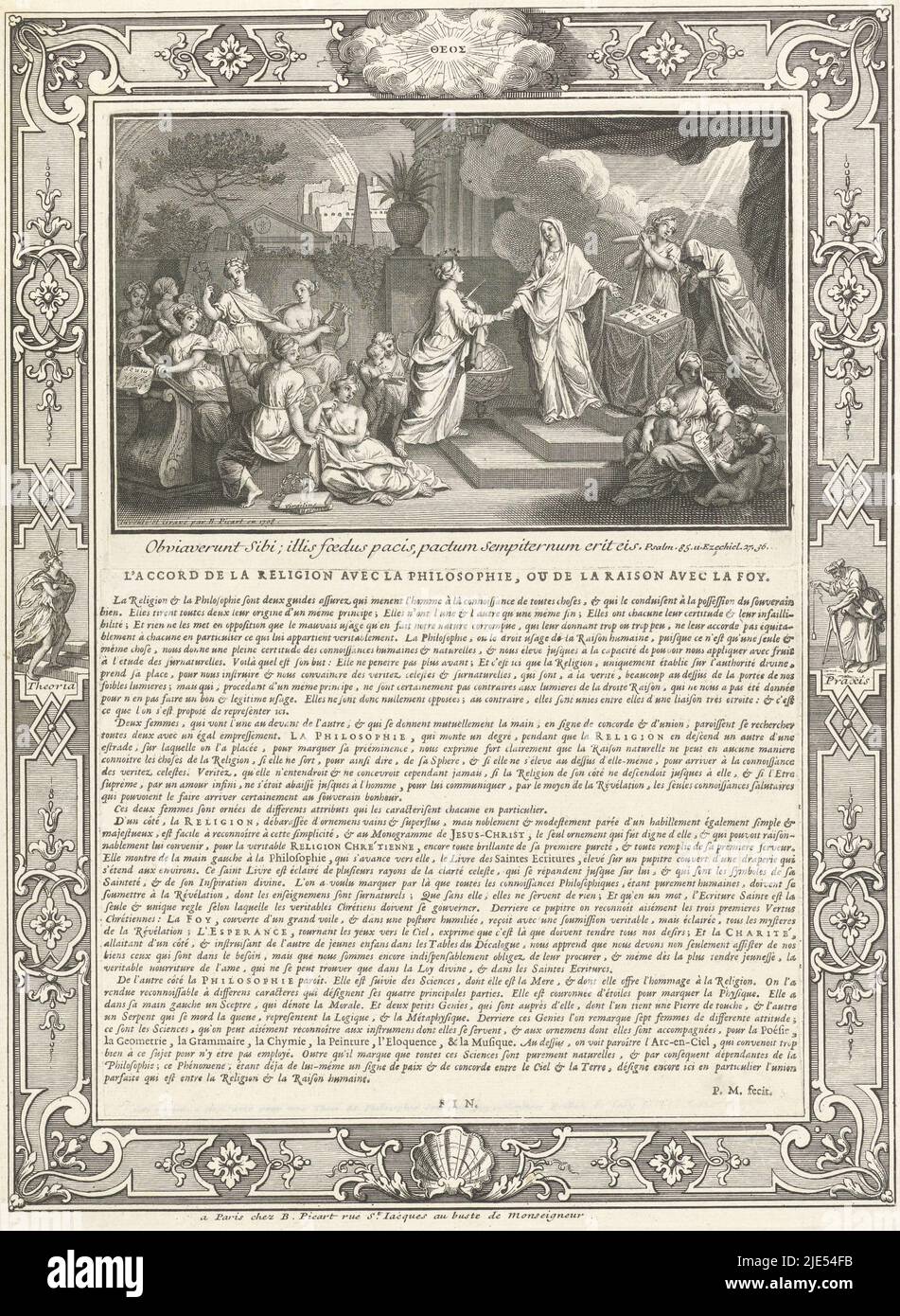 Druck mit einer allegorischen Darstellung, die vor einer These der Philosophie einer unbekannten Person erschien. Die personifizierte Philosophie, mit einem Sternenkranz über dem Kopf, schüttelt die Hand der Religion und zeigt auf die Bibel. Hinter ihnen stehen Hoffnung (Spes) und Glaube (Fides). Rechts im Vordergrund die Liebe (Caritas), die auf die Gesetzestafeln verweist. Links die weiblichen Personifikationen der sieben freien Künste. Am Rand ein Bibelzitat in Latein. Unterhalb der Performance ein Text auf Französisch. Das ganze ist mit einem ornamentalen Rahmen, in dem Theorie und Praxis, allegorisch geschmückt Stockfoto
