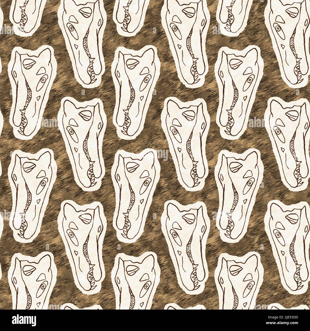 Braun handgezeichnete Spinosaurus fossile Knochen Dinosaurier nahtloses Muster. Geschlechtsspezifische neutrale jurassische Silhouette für die Babykrippe. Home Dekor für Museum Stockfoto