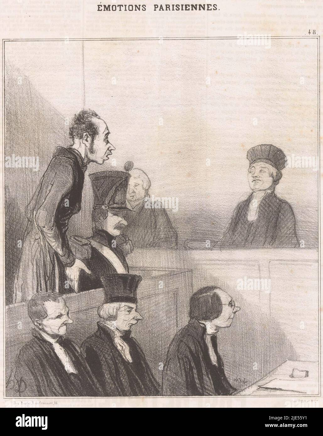 Der Angeklagte beantwortet die Frage Le président: Vous avez eu des moyens d'existence (...), Parisse emoties (Serientitel) Émotions Parisiennes (Serientitel auf Objekt), Druckerei: Honoré Daumier, (auf Objekt erwähnt), Druckerei: Aubert & Cie., (auf Objekt erwähnt), Verlag: Bauger, (auf Objekt erwähnt), Paris, 1842, Papier, Buchdruck, H 363 mm × B 245 mm Stockfoto