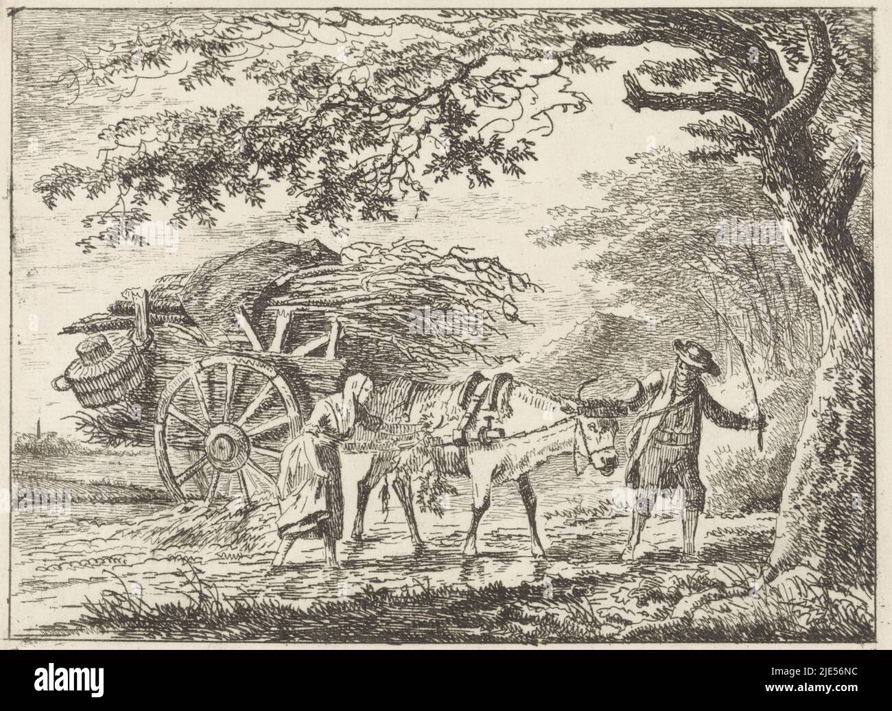 Ein Mann und eine Frau begleiten einen beladenen Ochsenkarren und waten durch flaches Wasser. Unten links: c., Mann und eine Frau, die einen beladenen Ochsenkarren begleiten Landschaften (Serie C) (Serientitel), Druckerei: Gerard van Nijmegen, Druckerei: Leendert Overbeek, (abgelehnte Namensnennung), Rotterdam, 1794, Papier, Ätzung, H 150 mm × B 199 mm Stockfoto