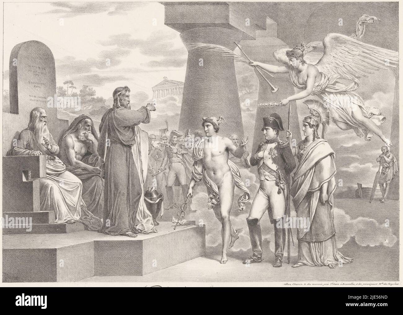 Napoleon erscheint nach seinem Tod 1821 vor den Obersten Richtern. Napoleon wird von The Fame, Mercury und Minerva begleitet, die vor König Minos als Richter der Unterwelt stehen. Links die Elysian Fields, rechts wartet Charon an seinem Boot. Mit drei französischen vierzeiligen Versen in der Bildunterschrift erscheint Napoleon vor rechts Minos Napoléon devant les Juges suprêmes., Druckerei: Anonym, Verleger: CharIN, (auf Objekt erwähnt), Druckerei: Belgien, Verlag: Brüssel, 1821 - 1831, Papier, H 345 mm × B 406 mm Stockfoto