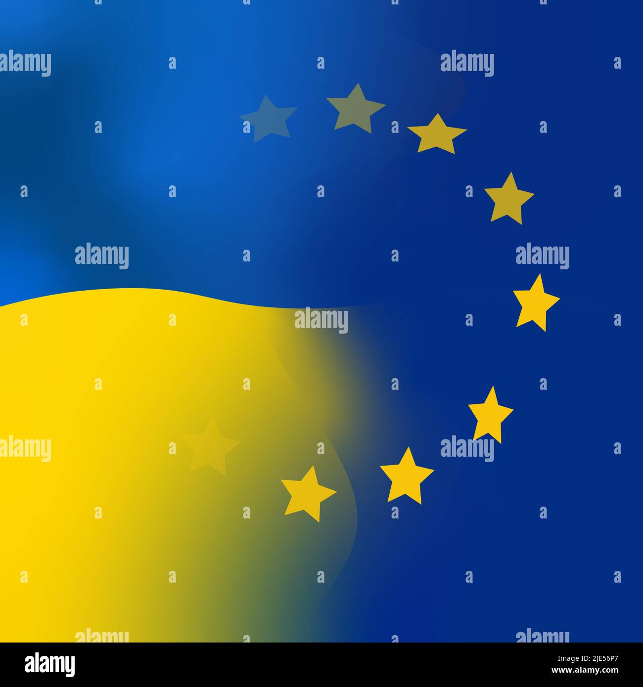 Flagge der Ukraine und Schild EU. Realistische ukrainische Illustration aus dem jahr 3D mit Flagge der Ukraine und Schild der Europäischen Union isoliert auf weißem Hintergrund. Europa Stock Vektor