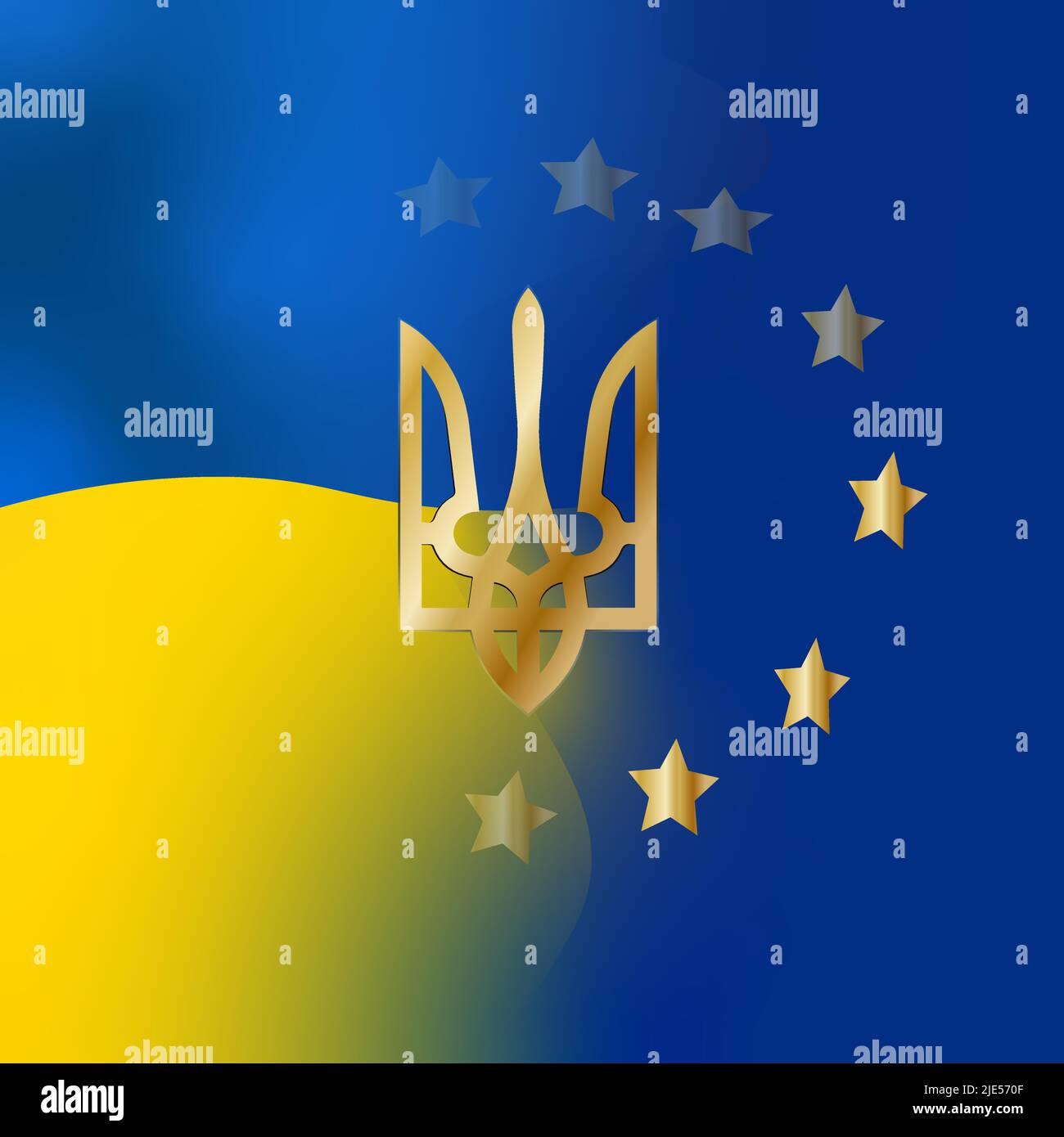 Flagge der Ukraine und Schild EU. Realistische ukrainische Illustration aus dem jahr 3D mit Flagge der Ukraine und Schild der Europäischen Union isoliert auf weißem Hintergrund. Europa Stock Vektor
