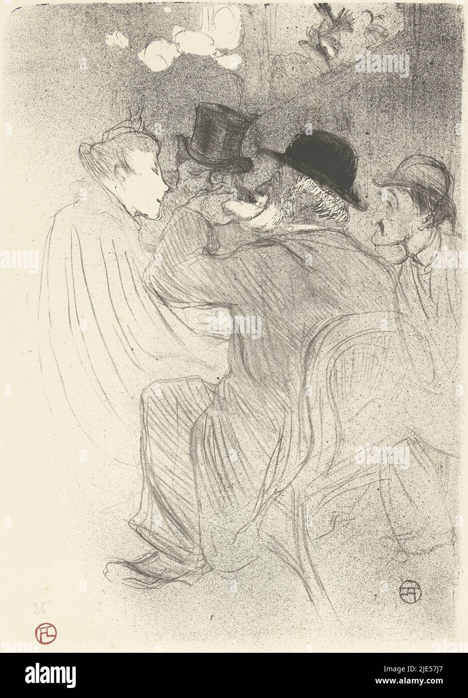 Eine sitzende Frau ist von drei Männern umgeben, die ihre Aufmerksamkeit auf sie gelenkt haben., Besucher im Café Moulin Rouge Au Moulin Rouge. Unverschämt! UN vrai rude!, Druckerei: Henri de Toulouse-Lautrec, (auf Objekt erwähnt), Drucker: Edward Ancourt, 10-Dez-1893 und/oder 1893, Papier, H 363 mm × B 255 mm Stockfoto