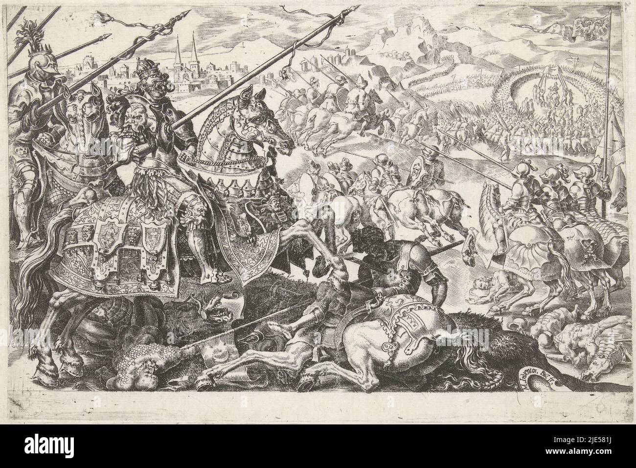 Kaiser Karl V. zu Pferd mit seinem Bruder Ferdinant von Ungarn. Seine Armee  floh vor den türkischen Belagerungstruppen, die versucht hatten, Wien zu  erobern (1529). Im Hintergrund rechts von Sultan Süleyman bläst