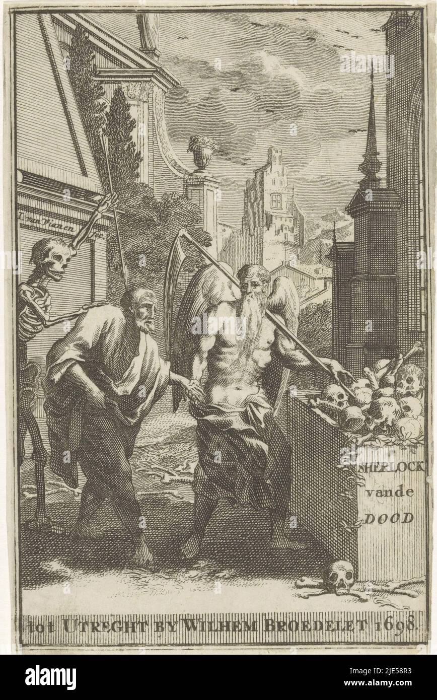 Father Time with Scythe begleitet einen verängstigten alten Mann auf ein Grab mit Totenköpfen und dem Text Sherlock of Death zu. Hinter dem Mann steht der Tod als Skelett mit einem Pfeil, der auf den Kopf des Mannes zeigt, allegorische Darstellung mit Tod, Vater Zeit und einem alten Mann Sherlock of Death., Druckerei: Jan van Vianen, (auf Objekt erwähnt), Verlag: Willem Broedelet, (auf Objekt erwähnt), Utrecht, 1698, Papier, Gravur, Radierung, H 138 mm - B 90 mm Stockfoto
