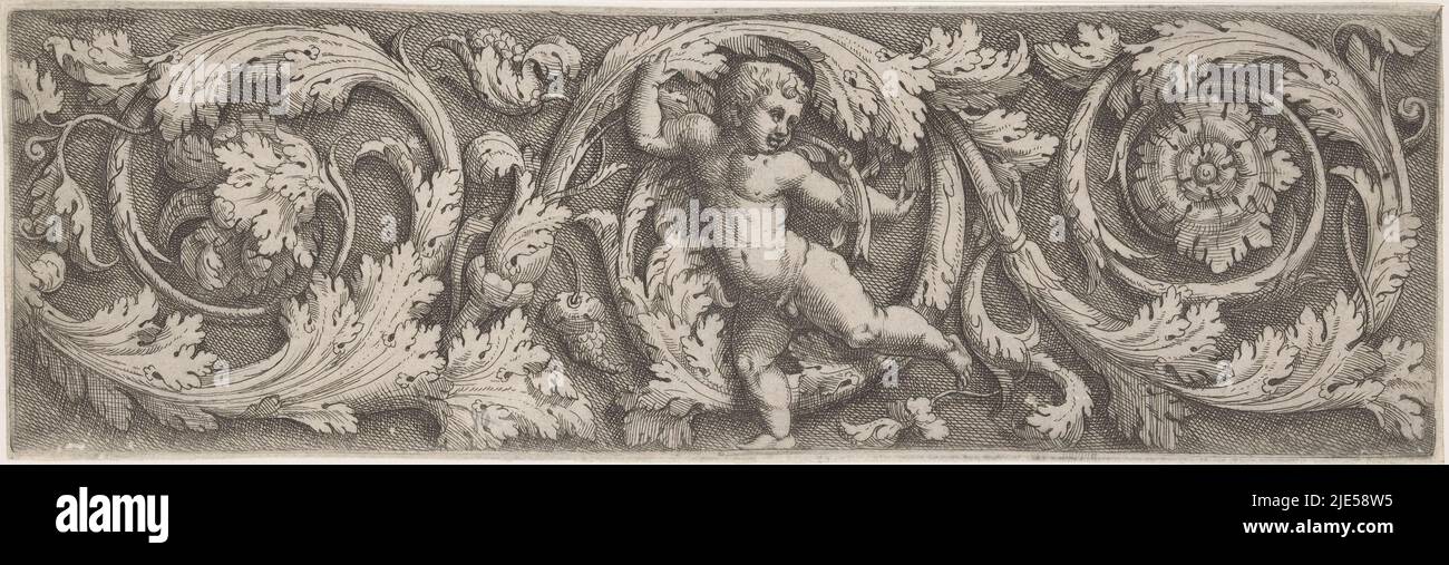 Friesisch mit Arabesken und Putto Ornamental Friesen mit Arabesken (Serientitel), Druckerei: Giovanni Battista Pittoni (I), Verlag: Nicolaus Valegn, Giovanni Battista Pittoni (I), Druckerei: Italien, Verlag: Venedig, 1561, Papier, Ätzung, H 109 mm × B 345 mm Stockfoto