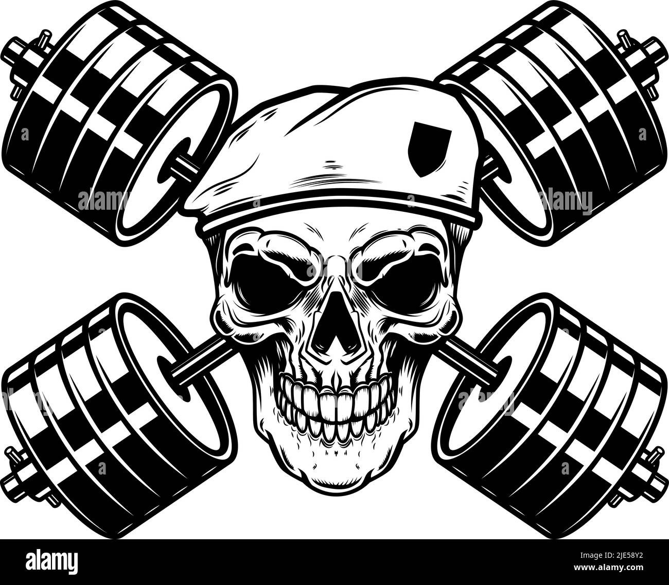 Totenkopf des Soldaten mit gekreuzten Langhanteln. Gestaltungselement für Logo, Etikett, Schild. Vektorgrafik Stock Vektor